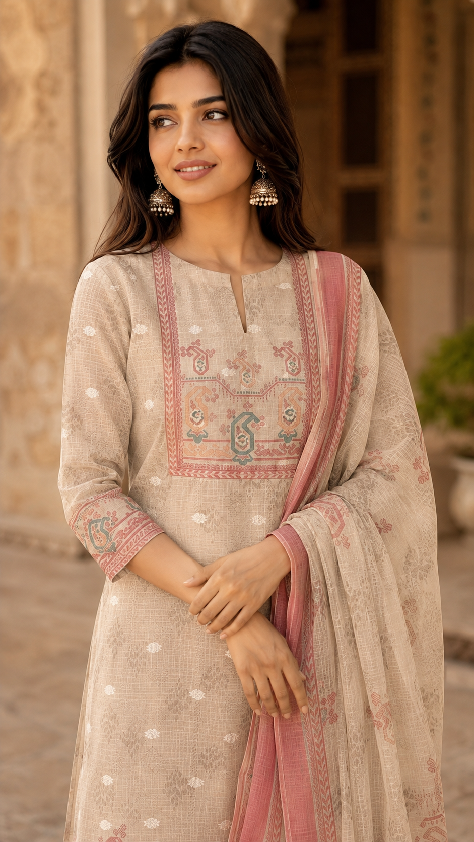 Beige Kota Cotton Straight Cut Suit