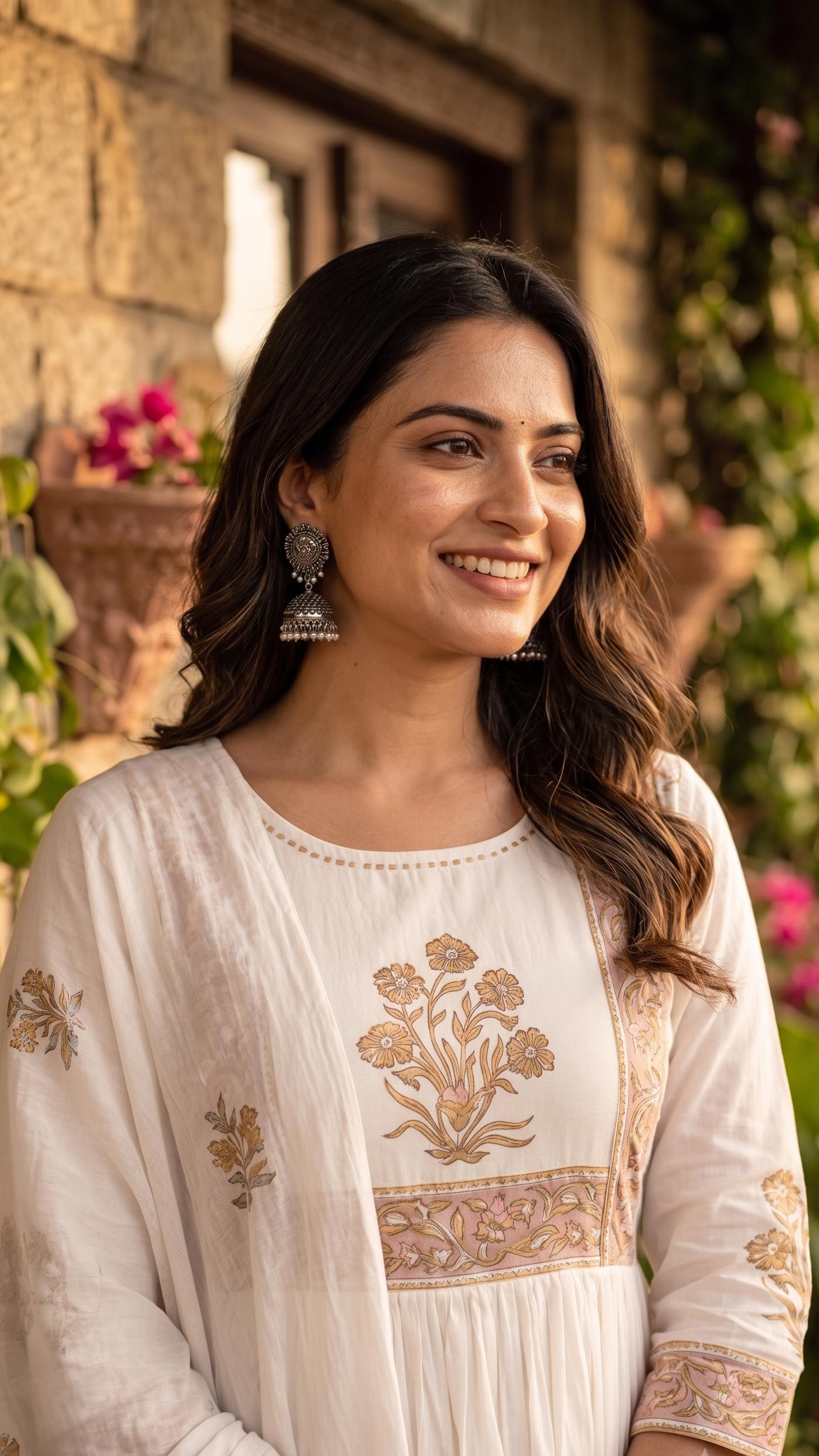 White Mul Cotton Block-Print Suit