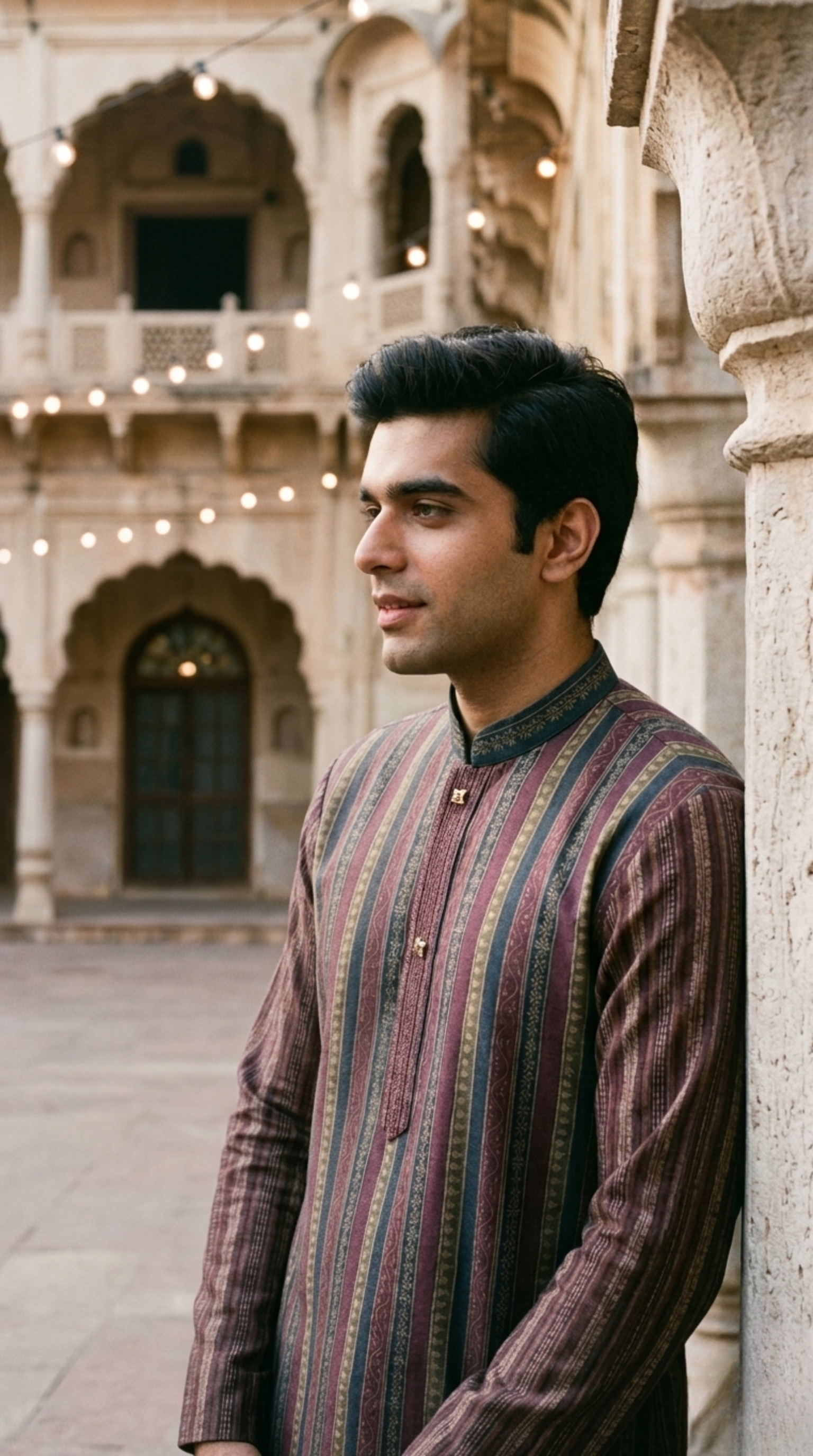 Brown multicolor stripe kurta for men with embroidered paisley pattern and teal mandarin collar