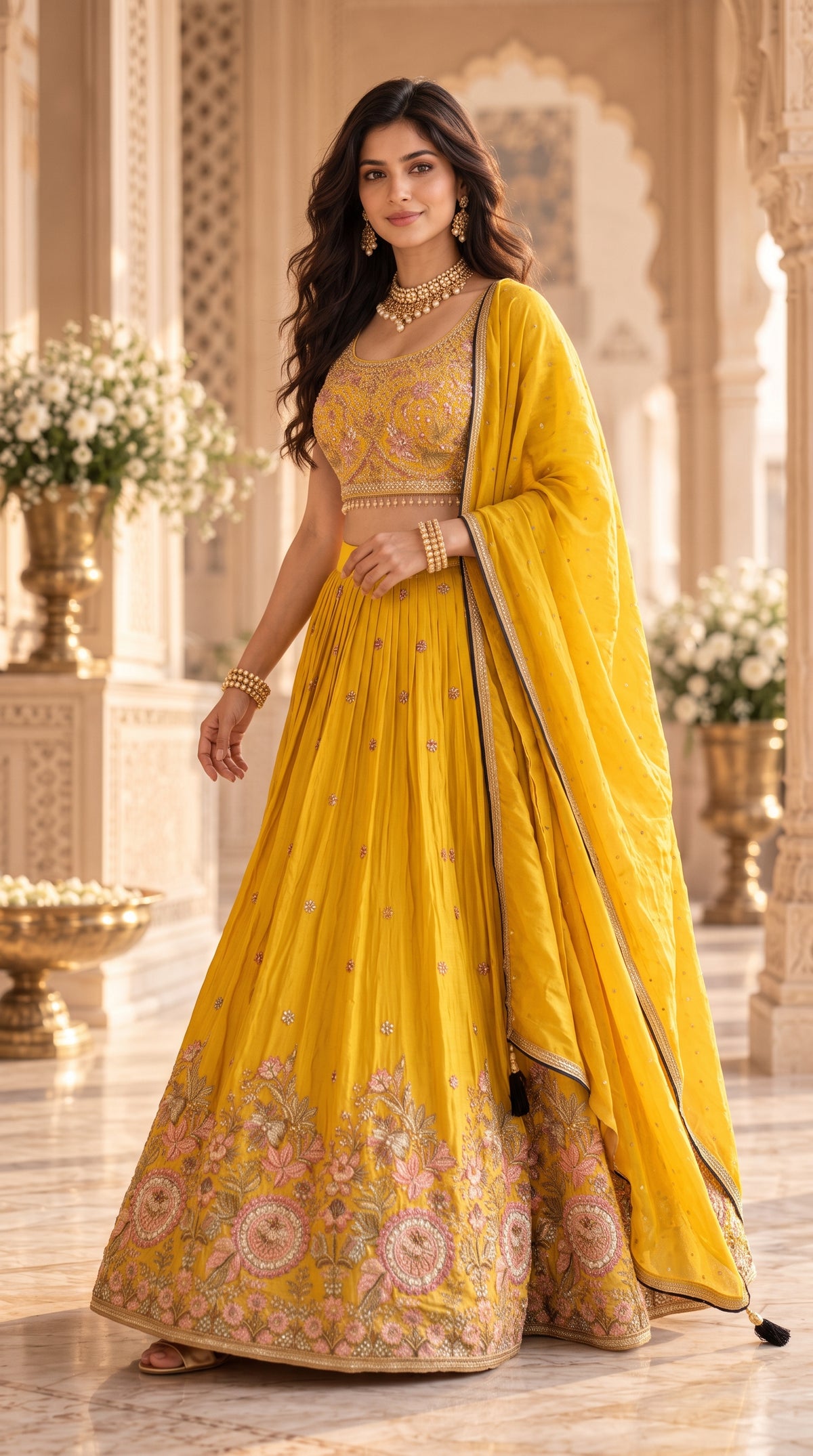 Yellow Chinon Silk Party Wear Crop top Lehenga