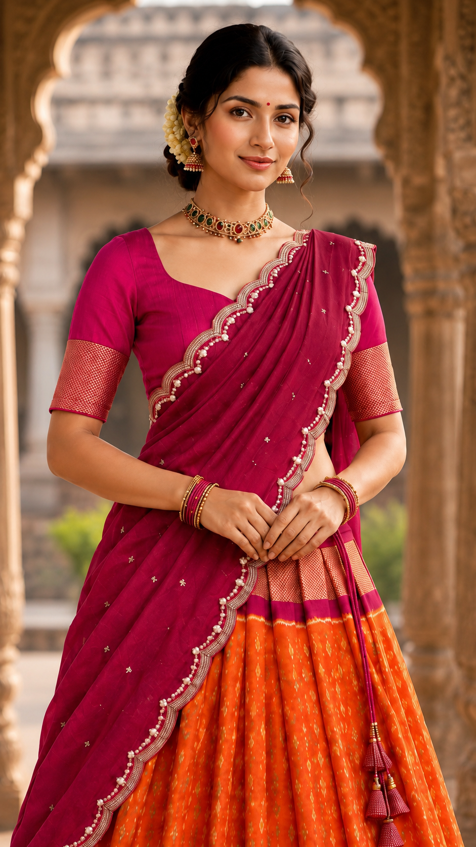 Orange Pochampally Silk Langa Voni