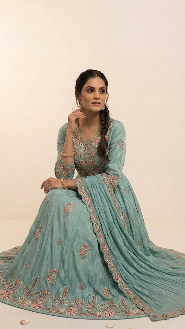 Sapphire Blue Tusser Silk Salwar Suit