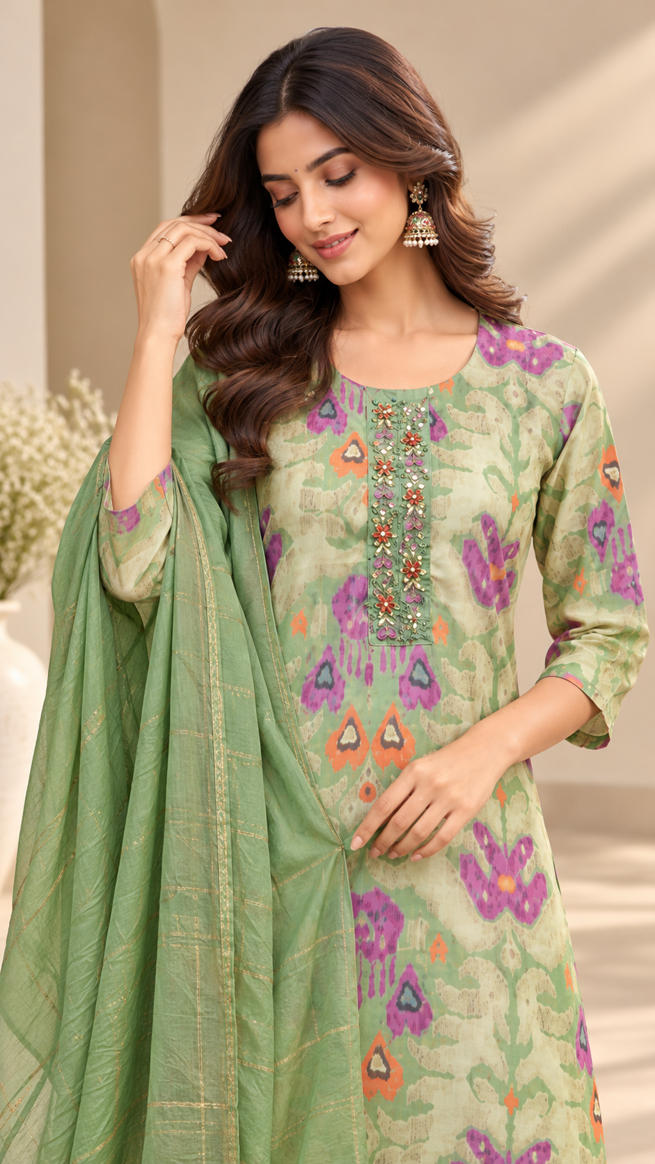 Green Rayon Cotton Straight Cut Suit