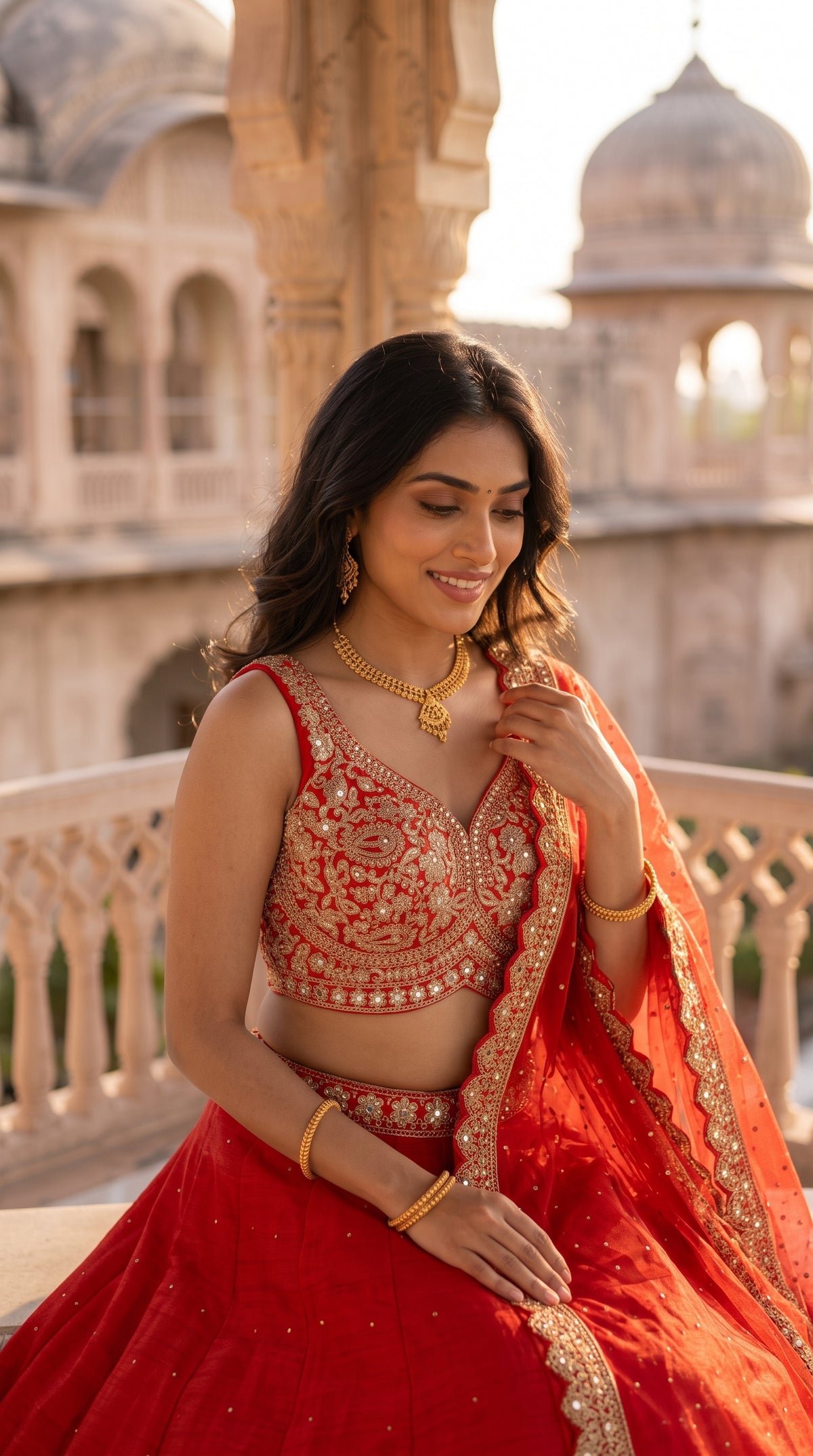 Orange chinon Silk Crop Top Lehenga