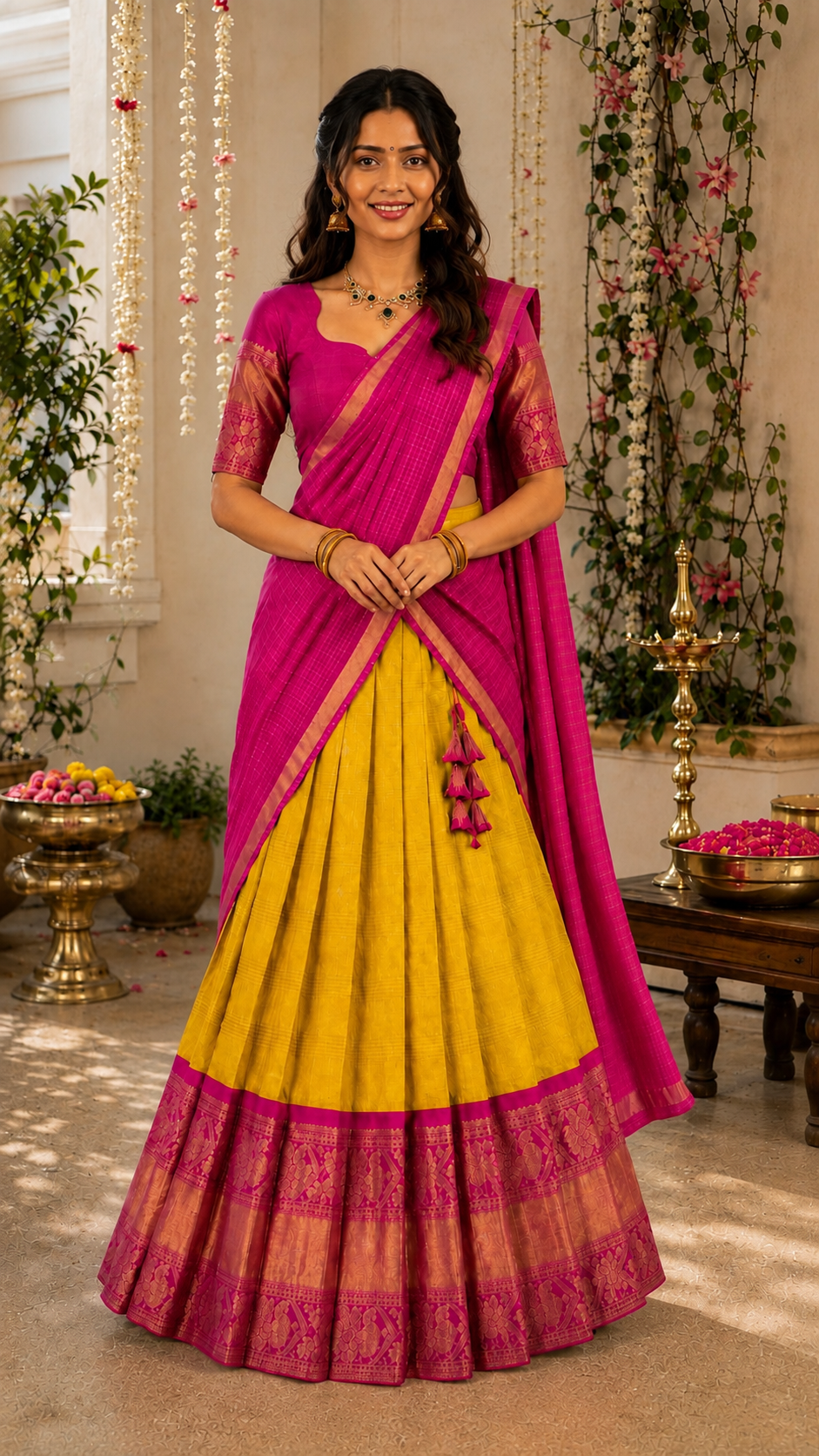 Yellow Kuppadam Silk Langa Voni