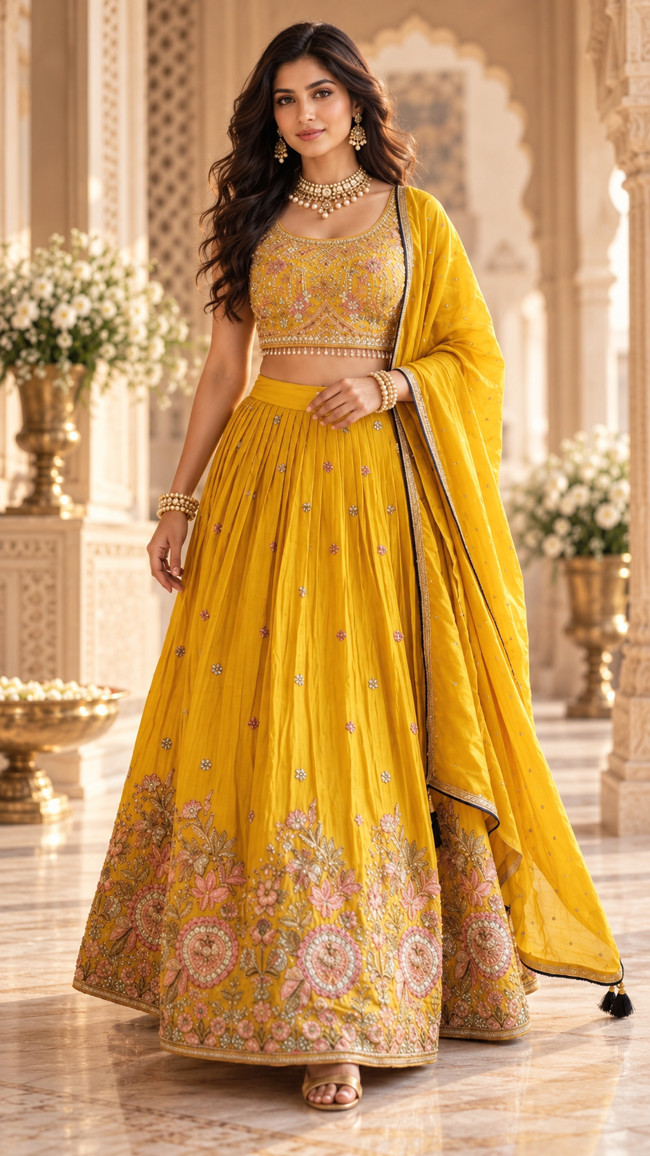 Yellow Chinon Silk Party Wear Crop top Lehenga
