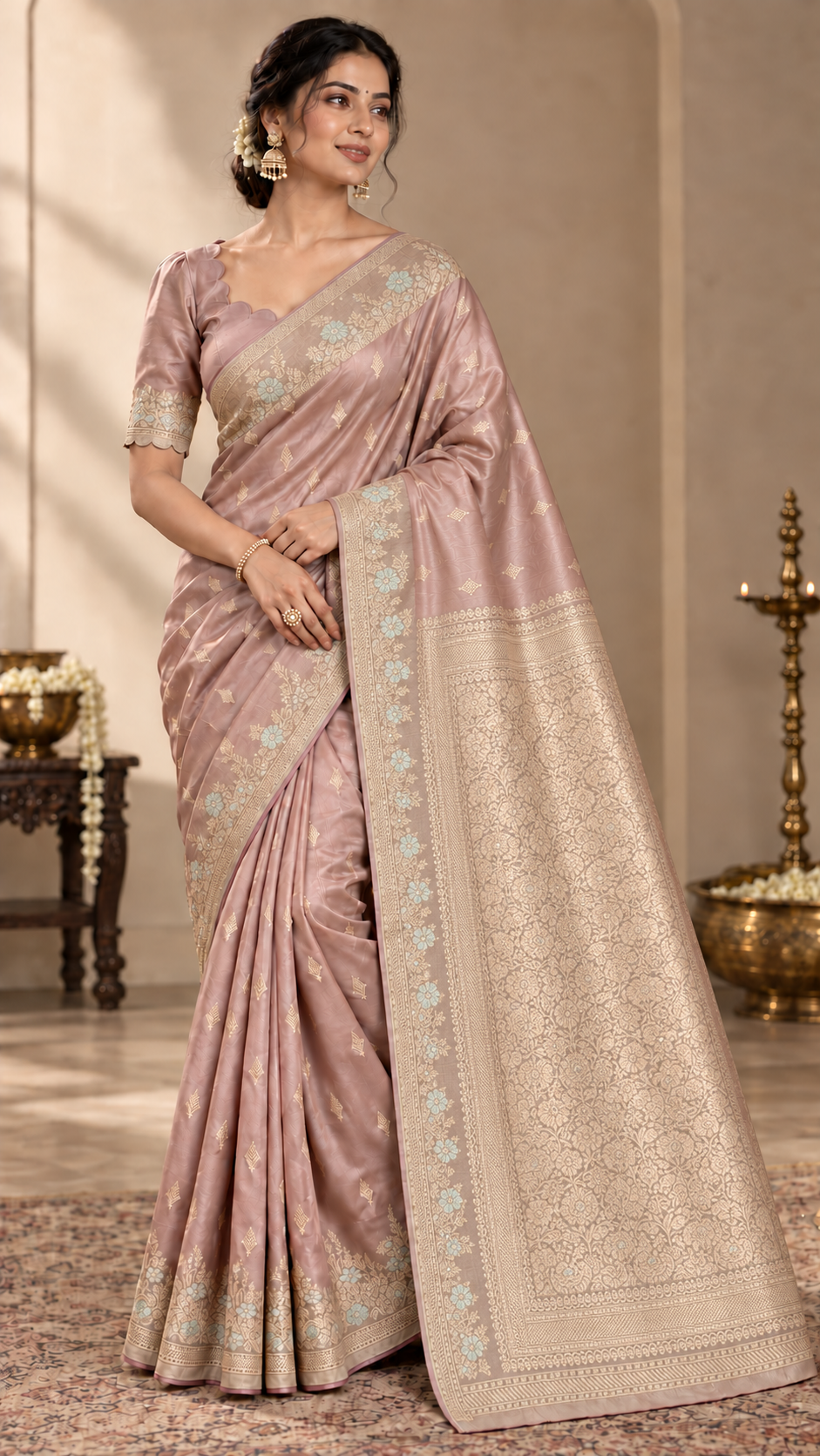 Mauve Banaras Satin Silk Saree