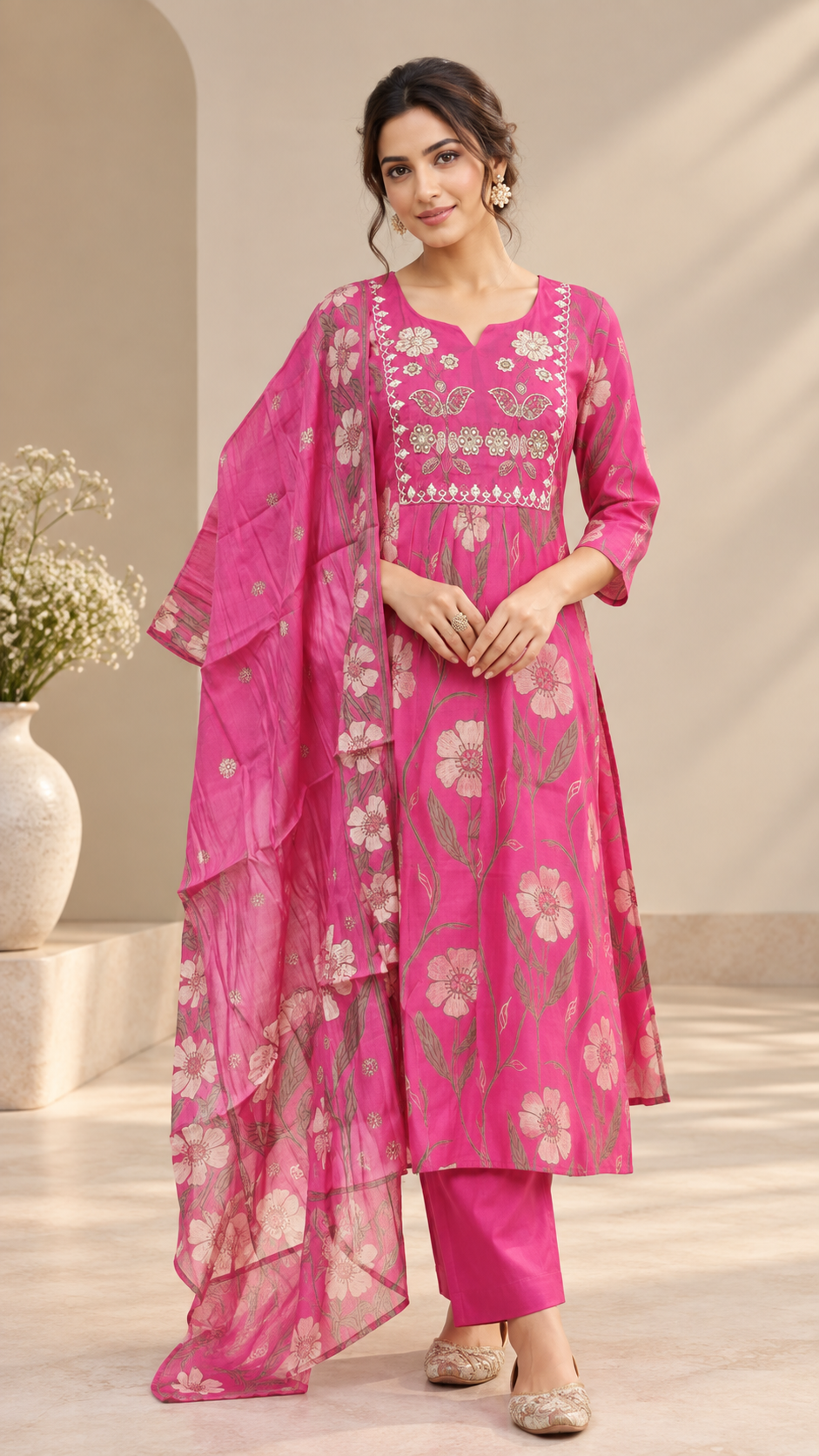 Rani Pink Mul Chanderi A-Line Cut Suit