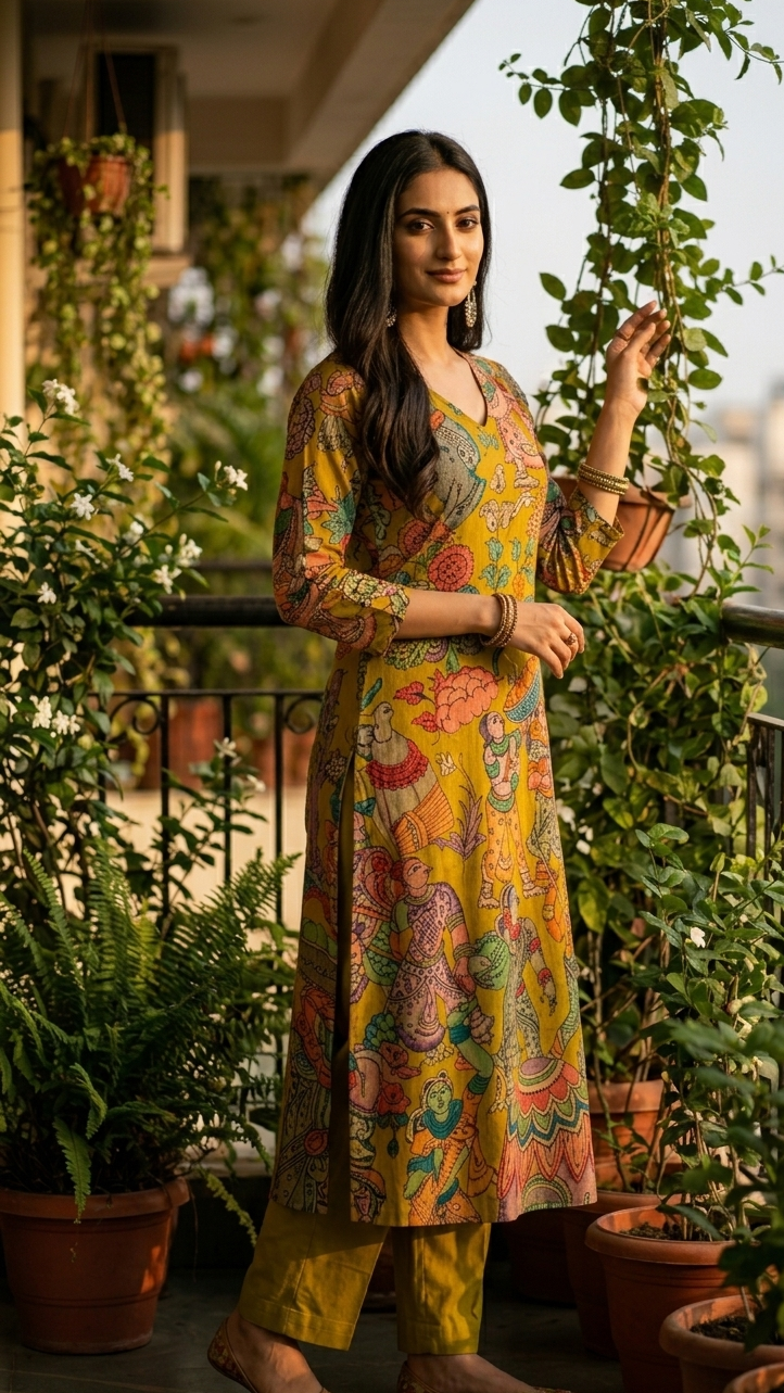 Mustard Kalamkari Cotton Kurti Set