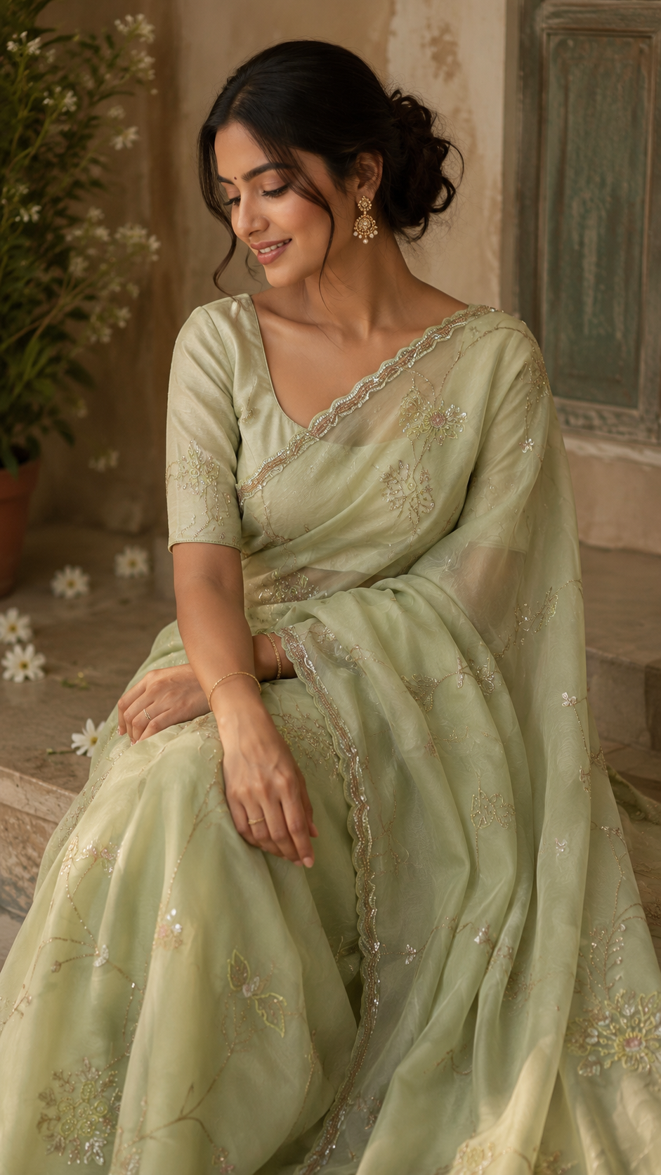Mint Green Glass Organza Fancy Saree