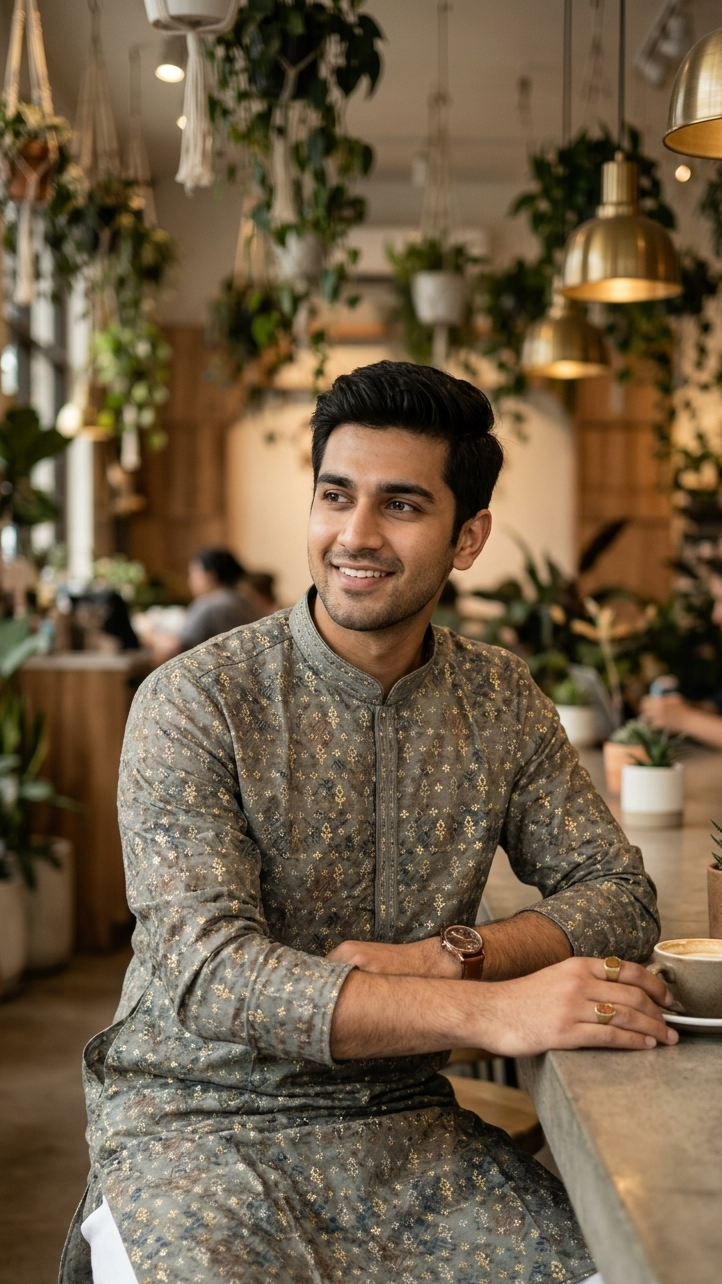 Grey Printed Silk Kurta Set