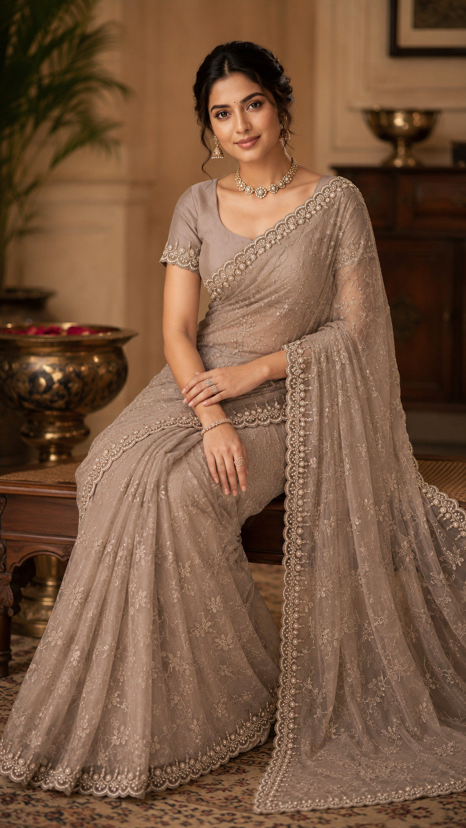 Ash Grey Organza Fancy Saree
