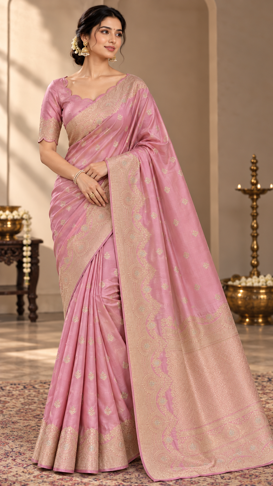 Rose Pink Banaras Satin Silk Saree