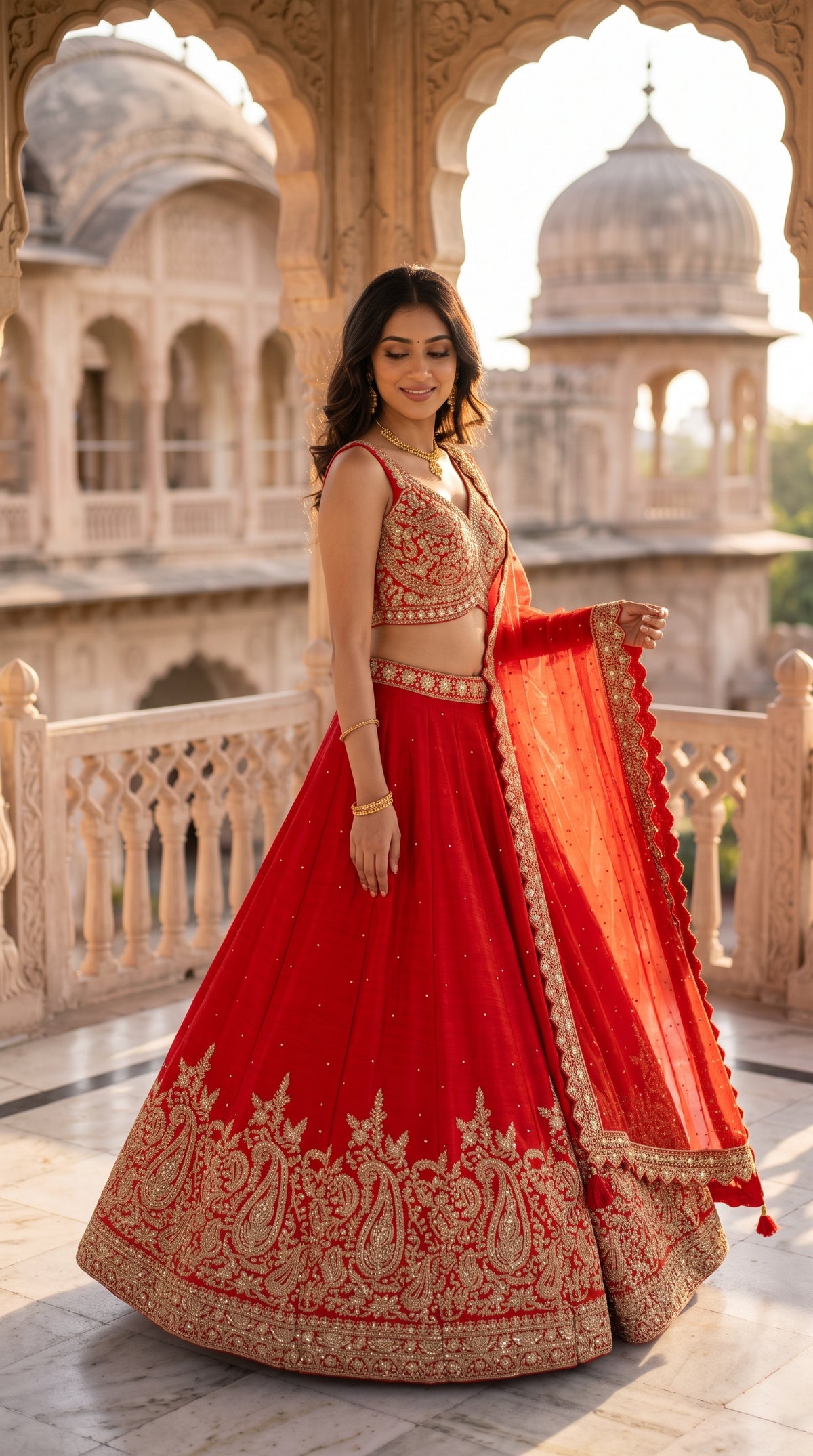 Orange chinon Silk Crop Top Lehenga