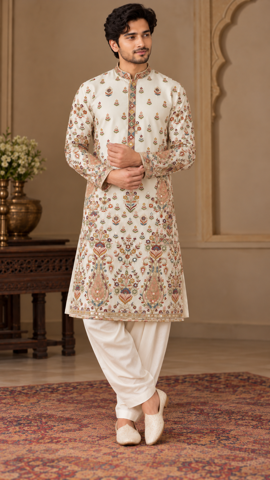 Off-White Multicolor Embroidered Kurta Dhoti Set