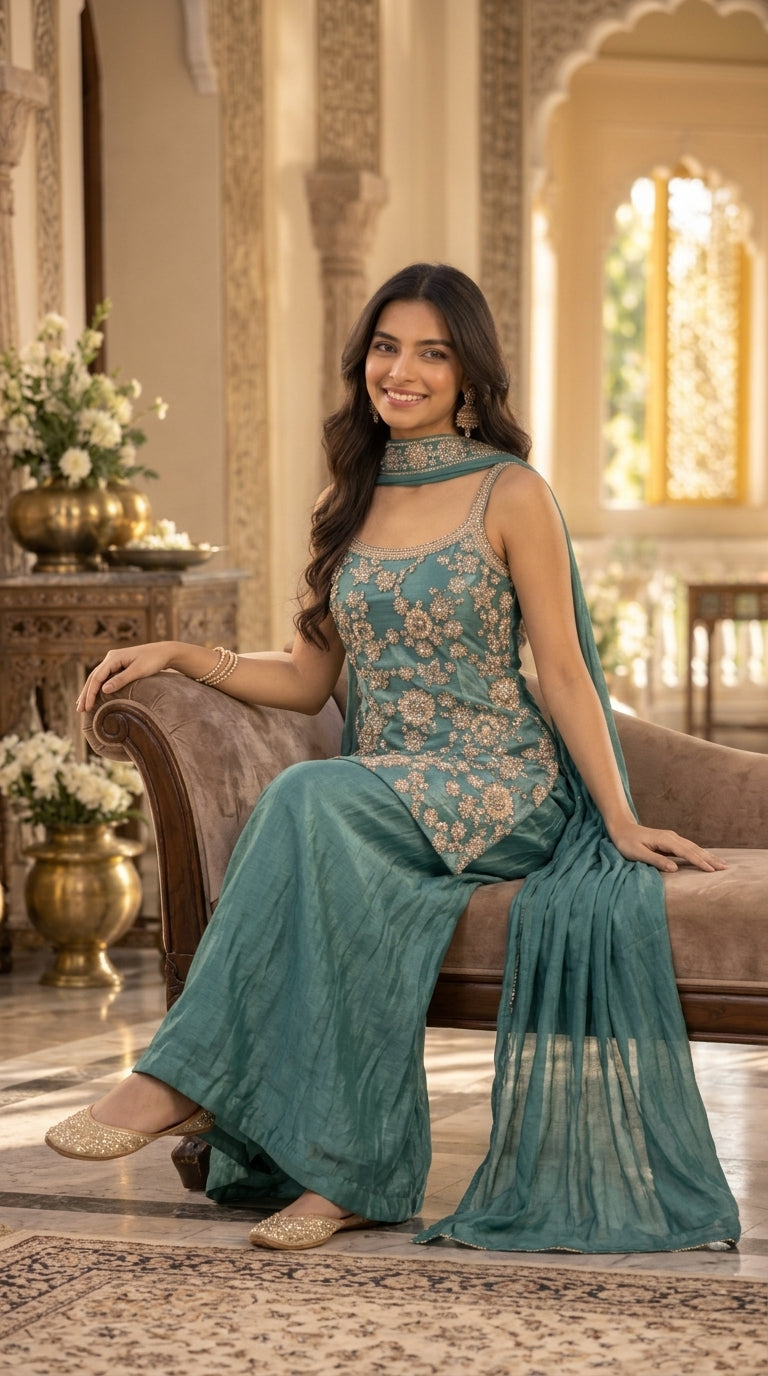 Emerald Green Tissue Silk Sharara Suit