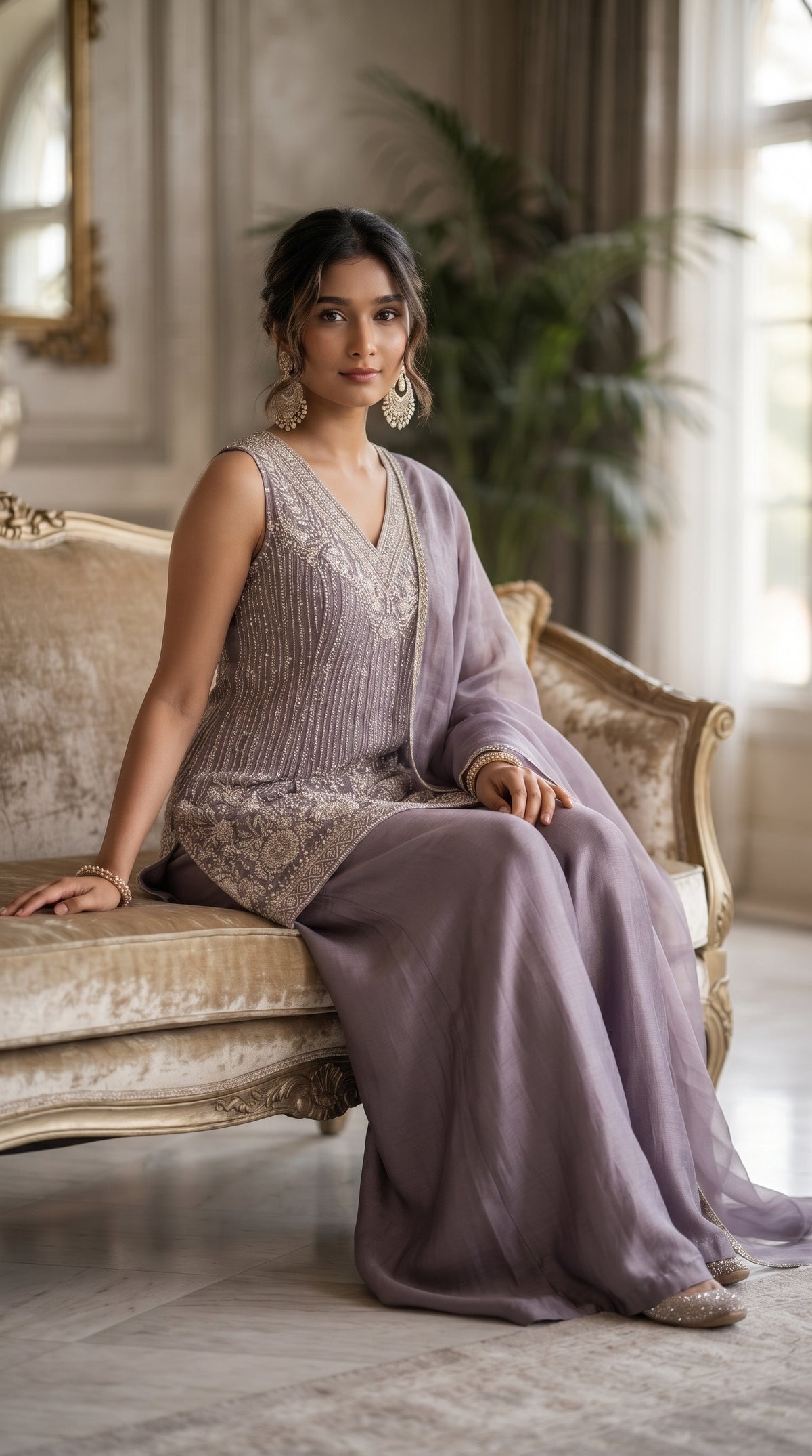 Lavender Chinon Silk Sharara Suit