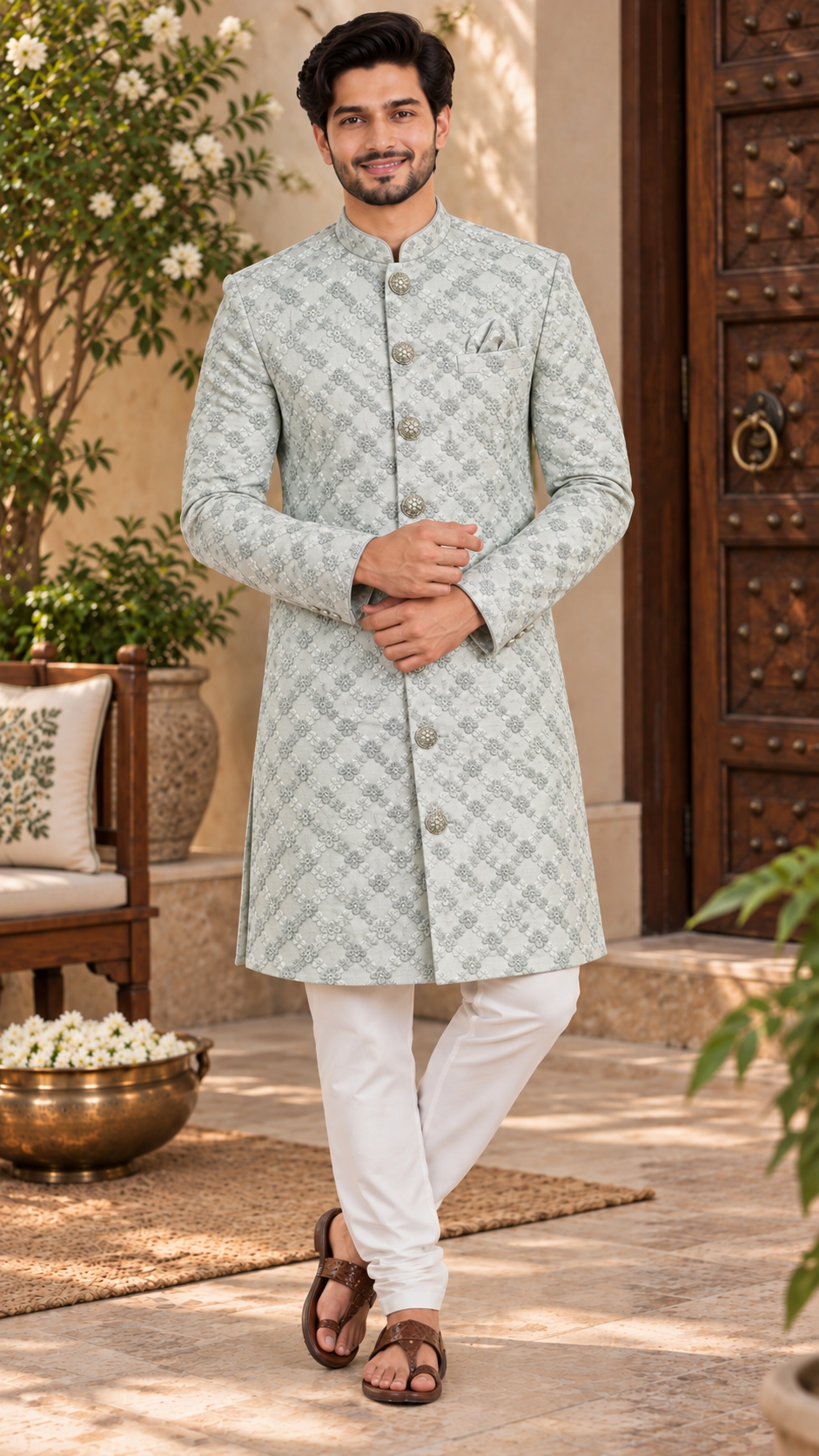 Soft Mint Green Silk Sherwani Suit