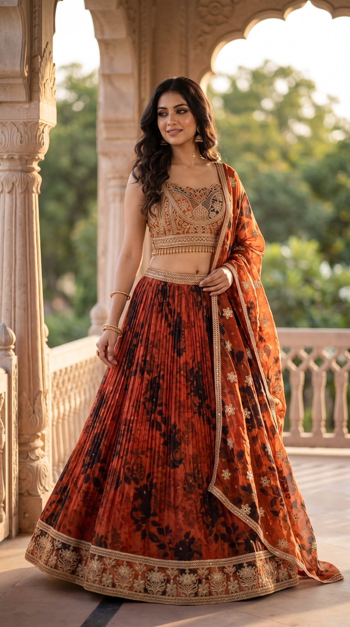 Burnt Orange Crushed Organza Crop Top Lehenga