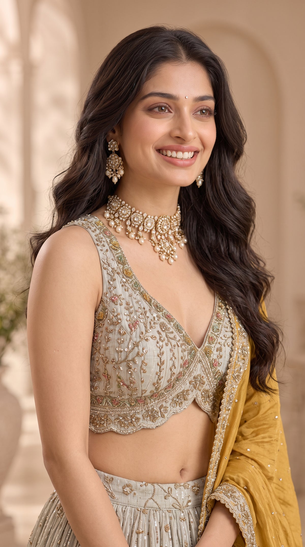 Off White Tissue Silk Party Wear Lehenga