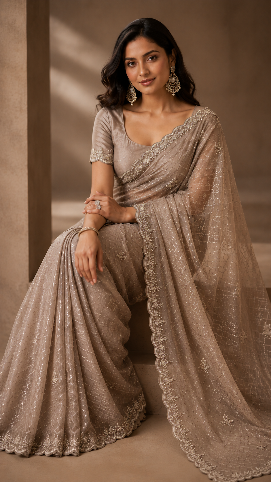 Ash Grey Shimmer Organza Fancy Saree