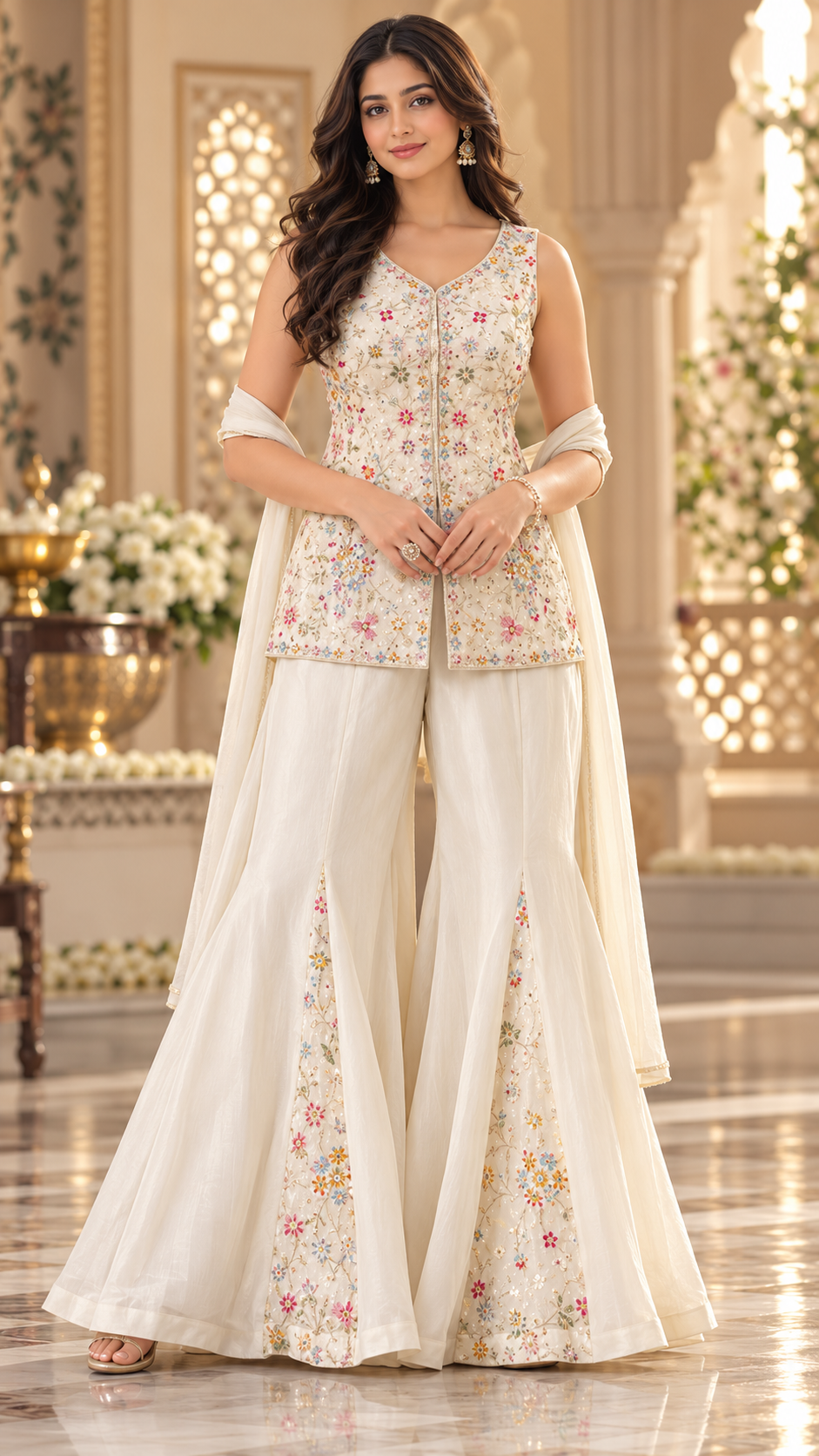 Off White Tissue Silk Sharara Suit