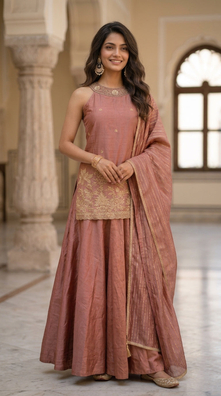 Dusty Rose Tissue Silk Sharara Suit
