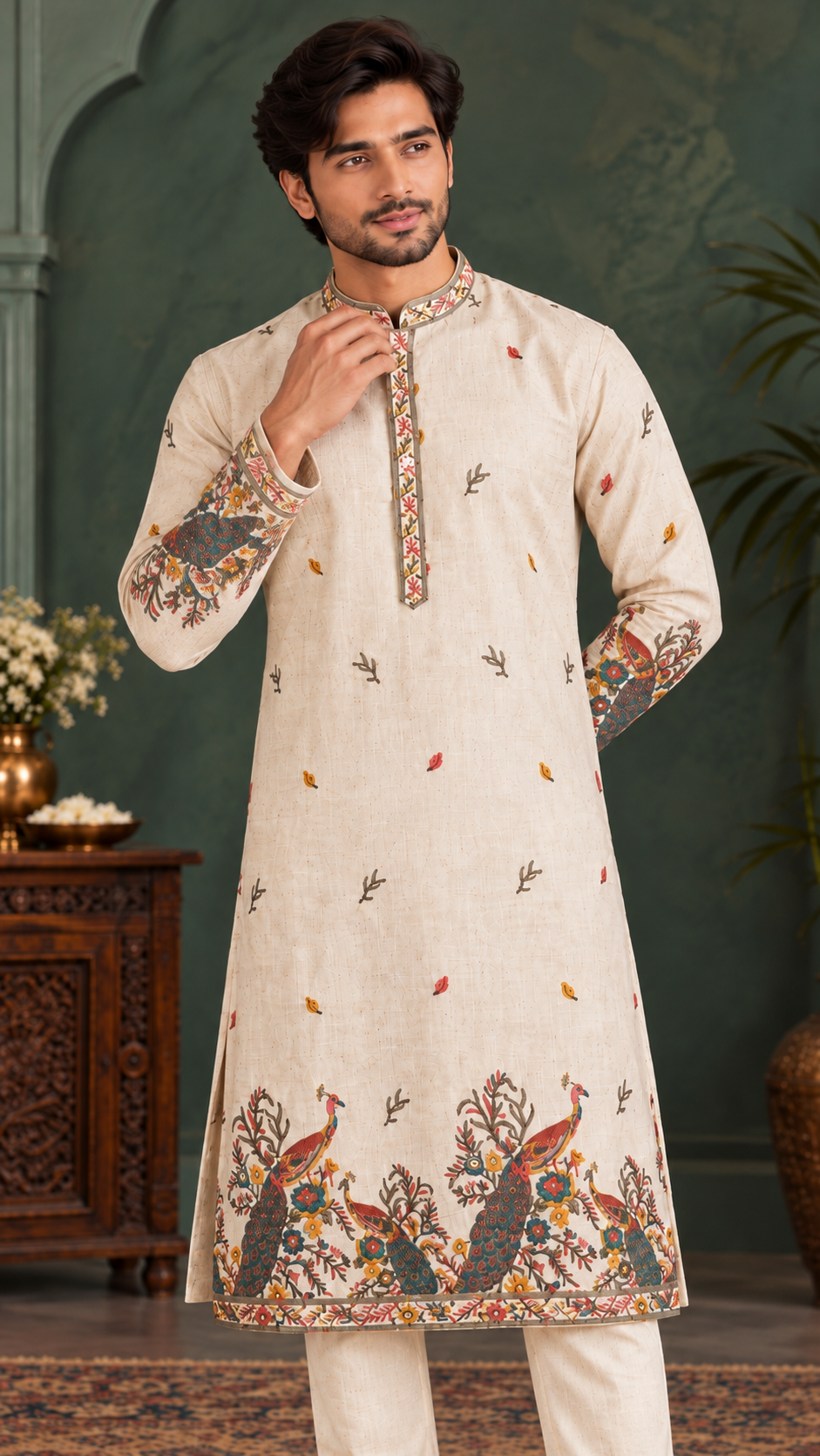 Off White Linen Peacock Embroidered Kurta Set