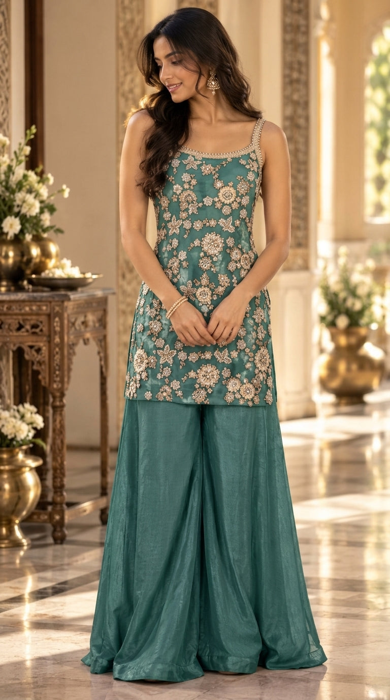 Emerald Green Tissue Silk Sharara Suit