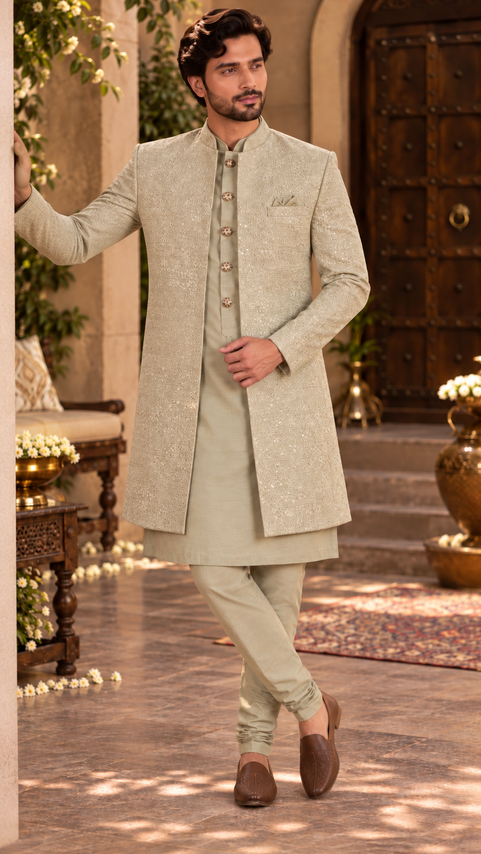 Sage Green Sequin Work Indo-Western Sherwani