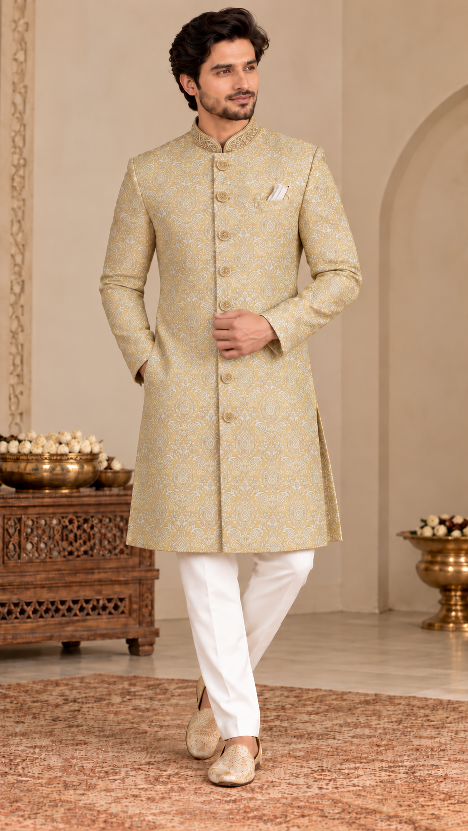 Yellow Jacquard Embroidered Sherwani