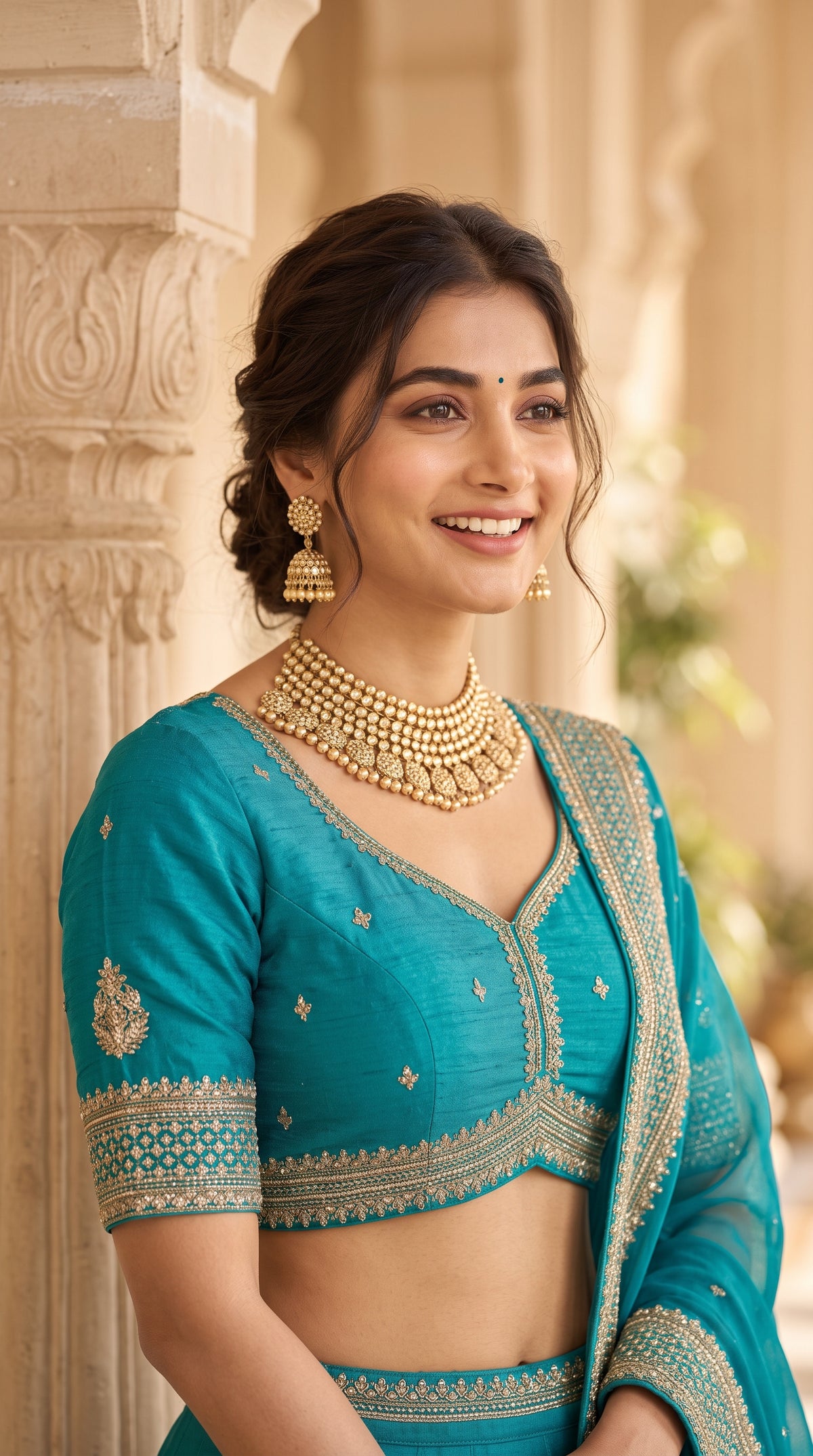 Peacock Teal Chinon Silk Party Wear Crop Top Lehenga