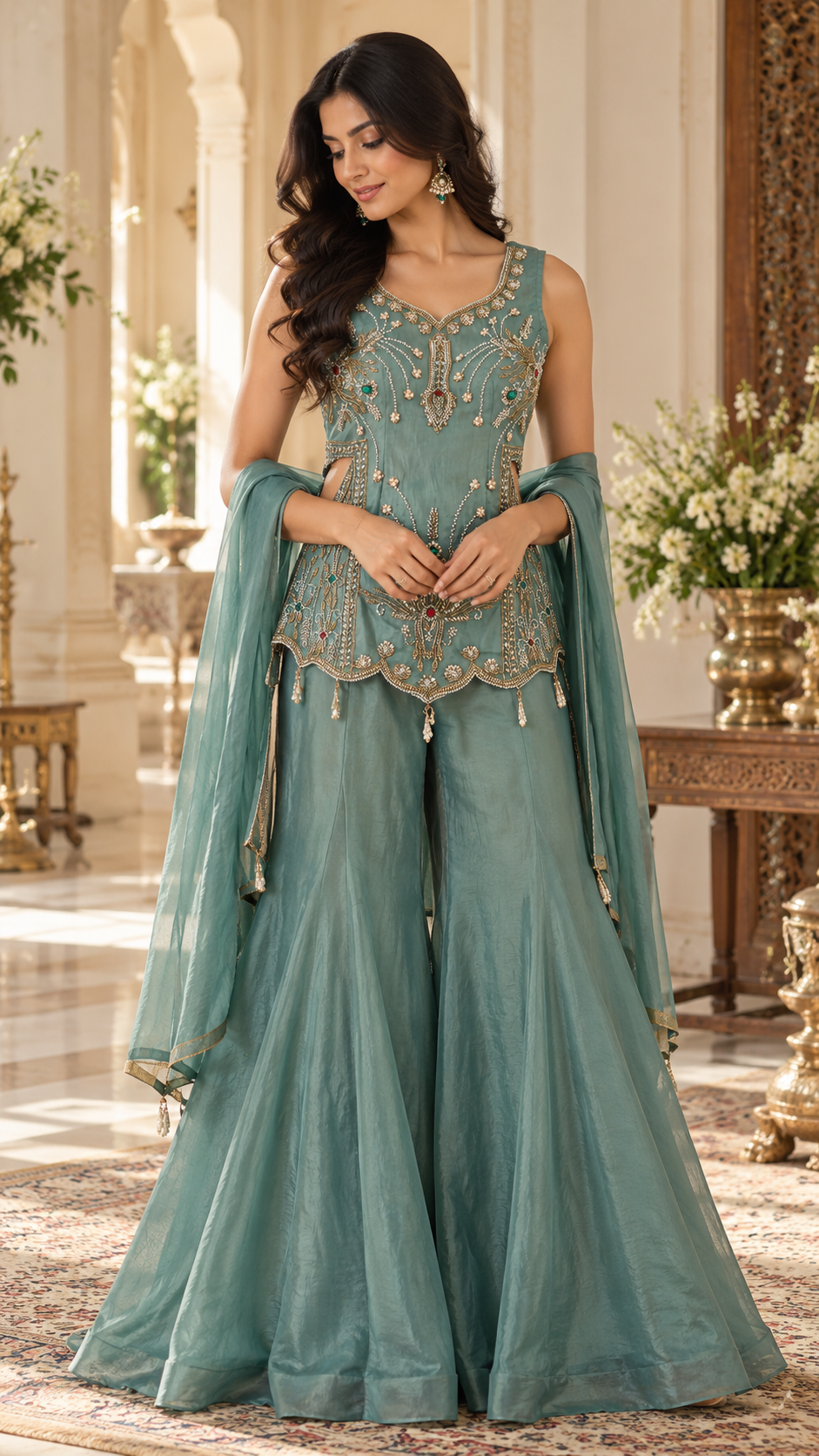 Emerald Green Crushed Tissue Sharara Suit