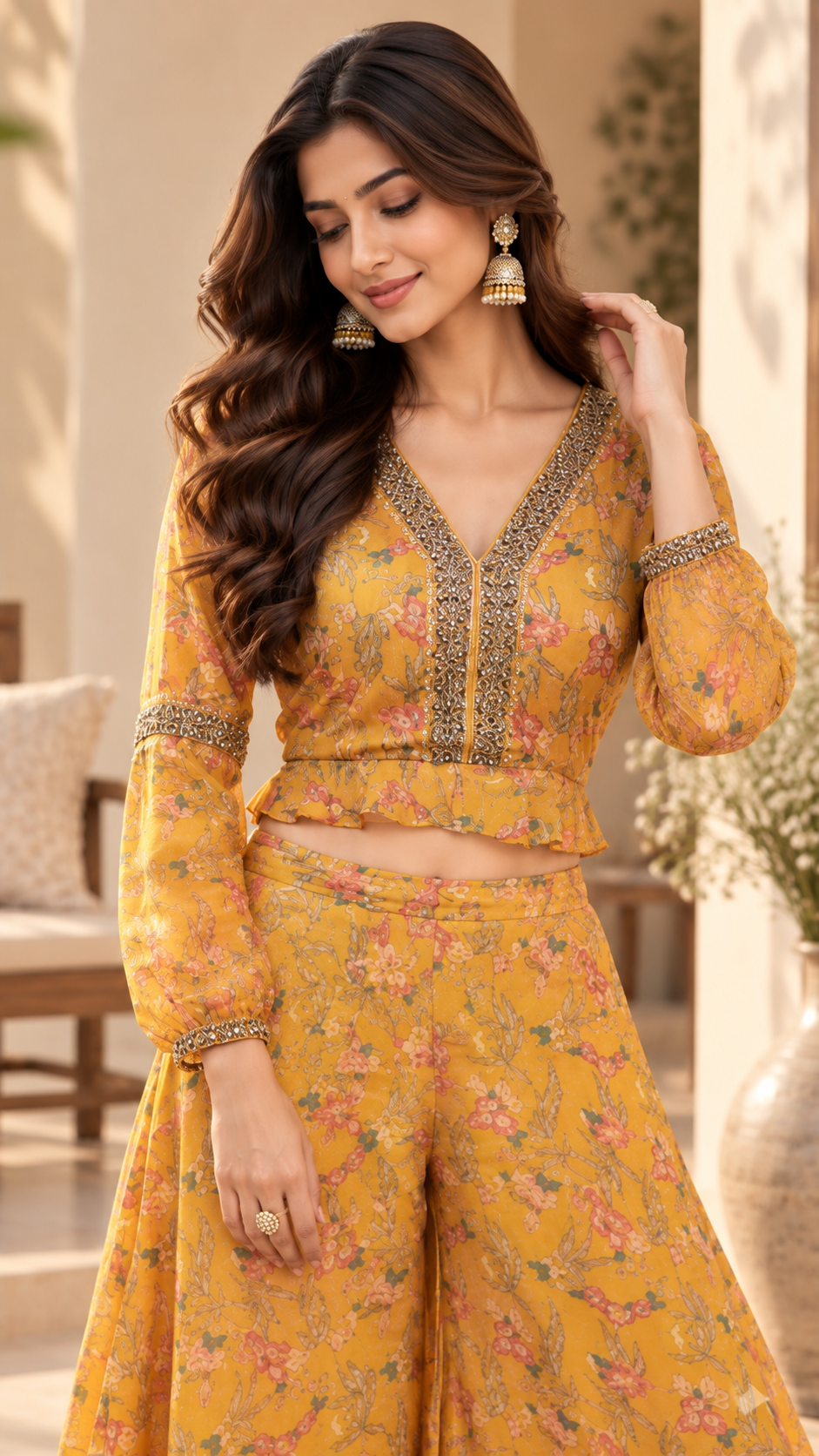 Mustard Muslin Silk Crop Top Sharara Suit