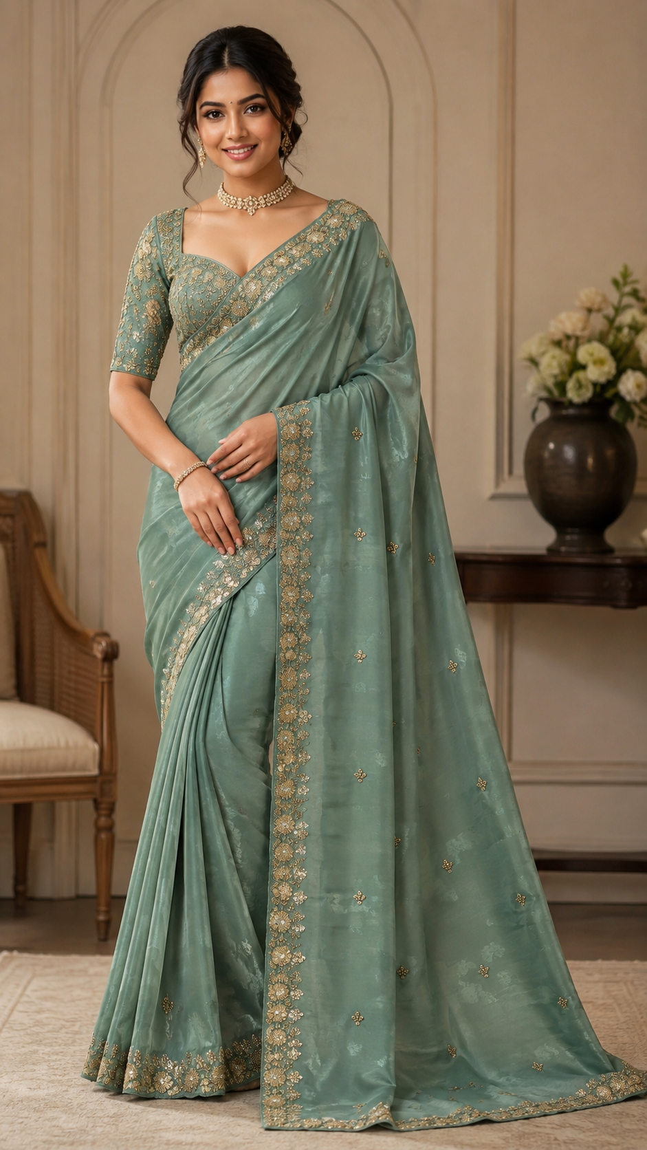 Teal Green Crepe Silk Fancy Saree