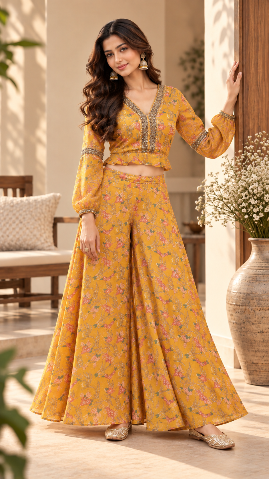 Mustard Muslin Silk Crop Top Sharara Suit