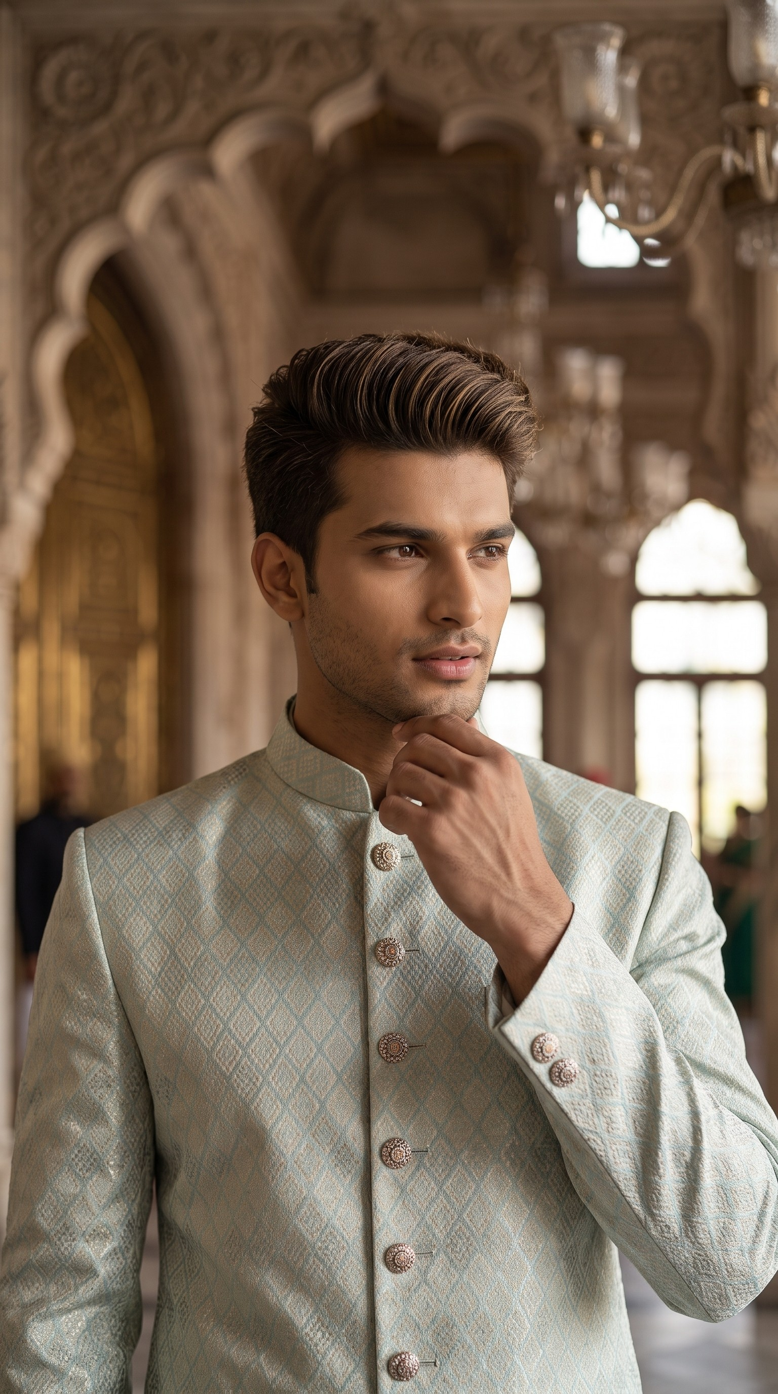 Mint Green Woven Silk Sherwani