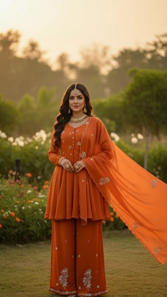 Orange Floral Embroidery Sharara