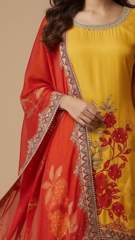 Mustard Scarlet Floral Sharara