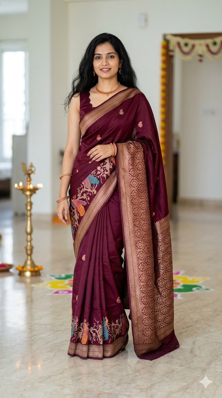 Wine Satin Silk Saree