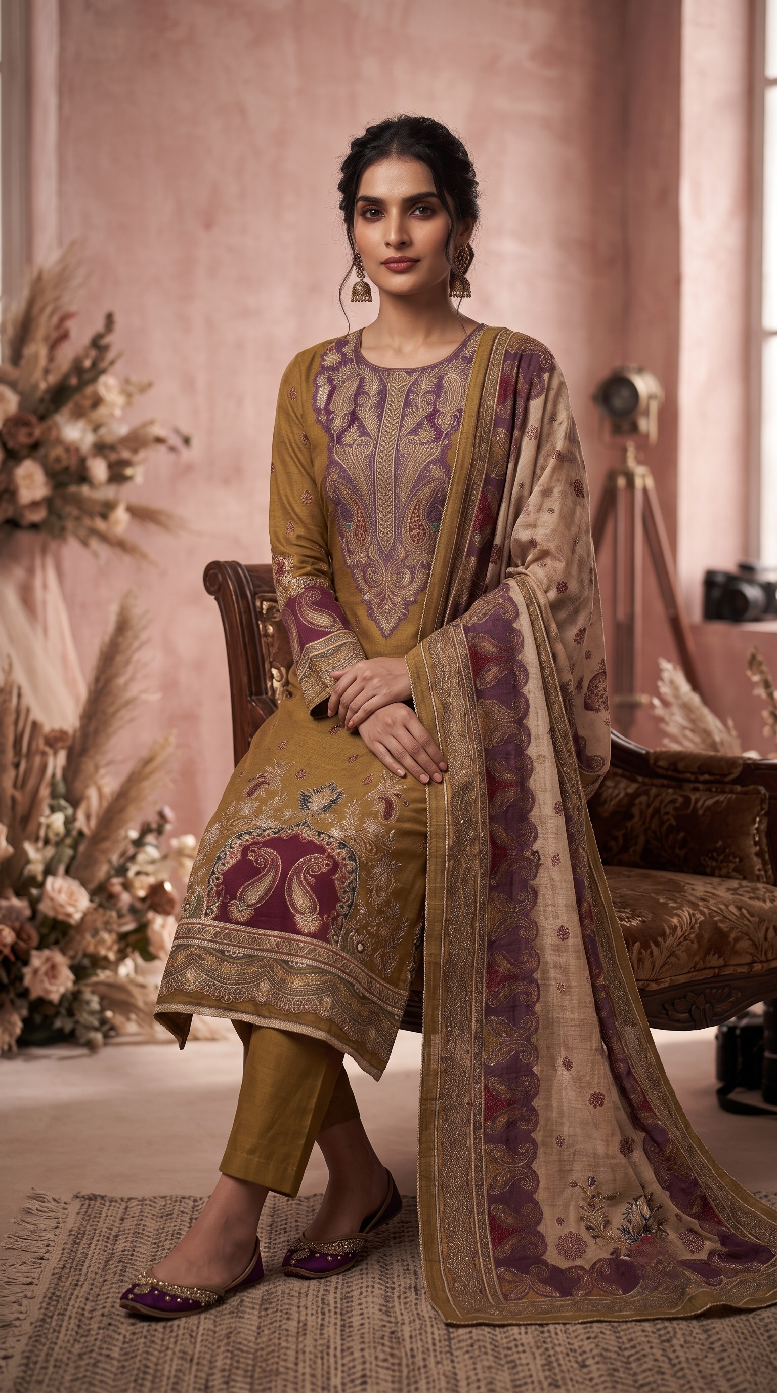 Mehendi Muslin Silk Dhoti Cut Suit