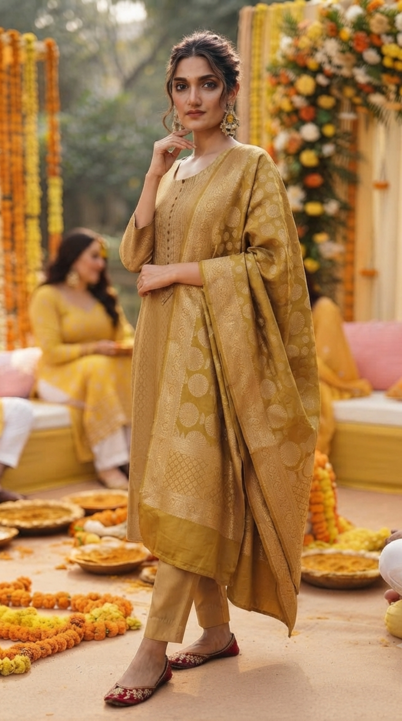 Mustard Banaras Silk Straight Cut Suit
