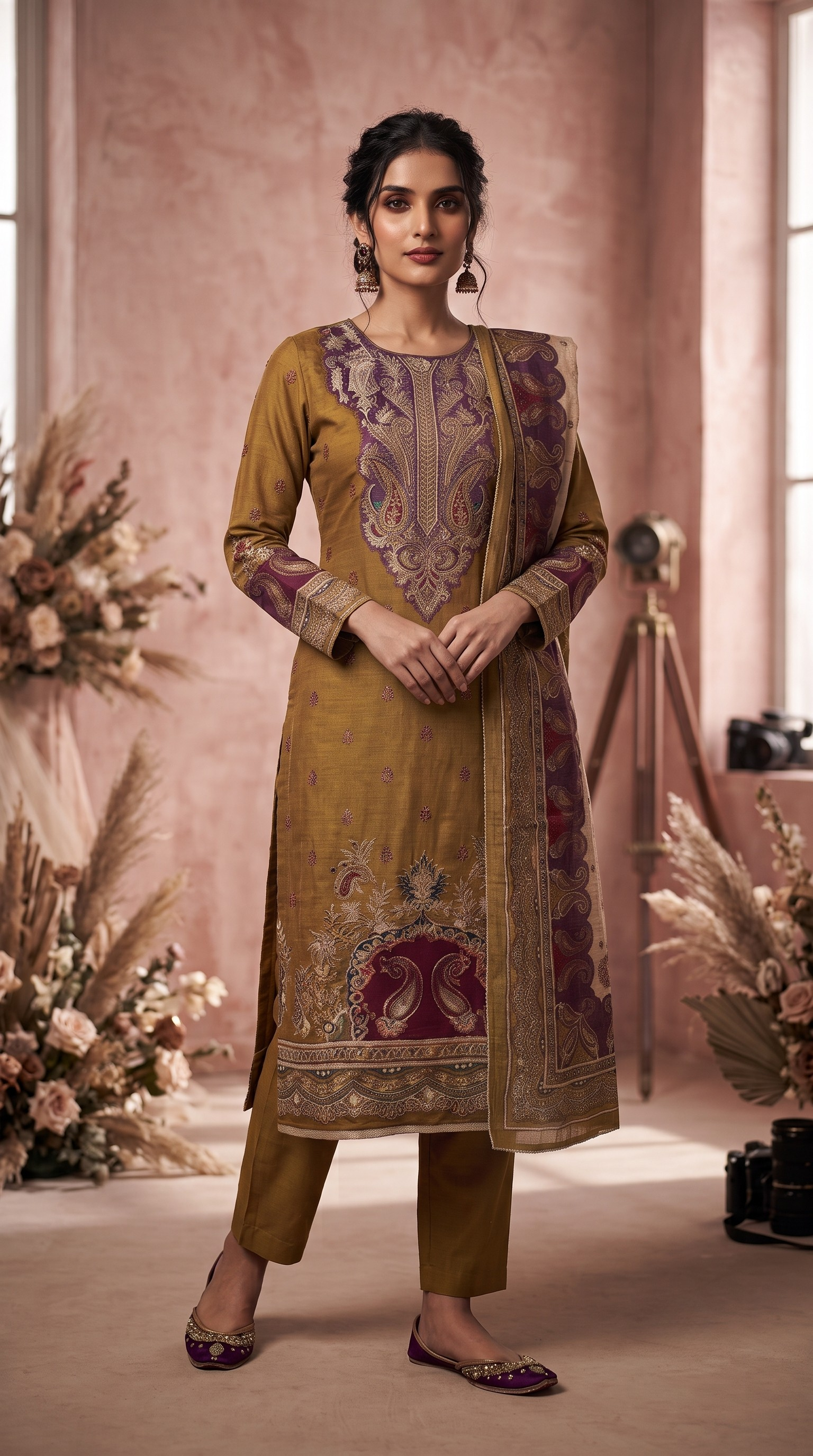Mehendi Muslin Silk Dhoti Cut Suit