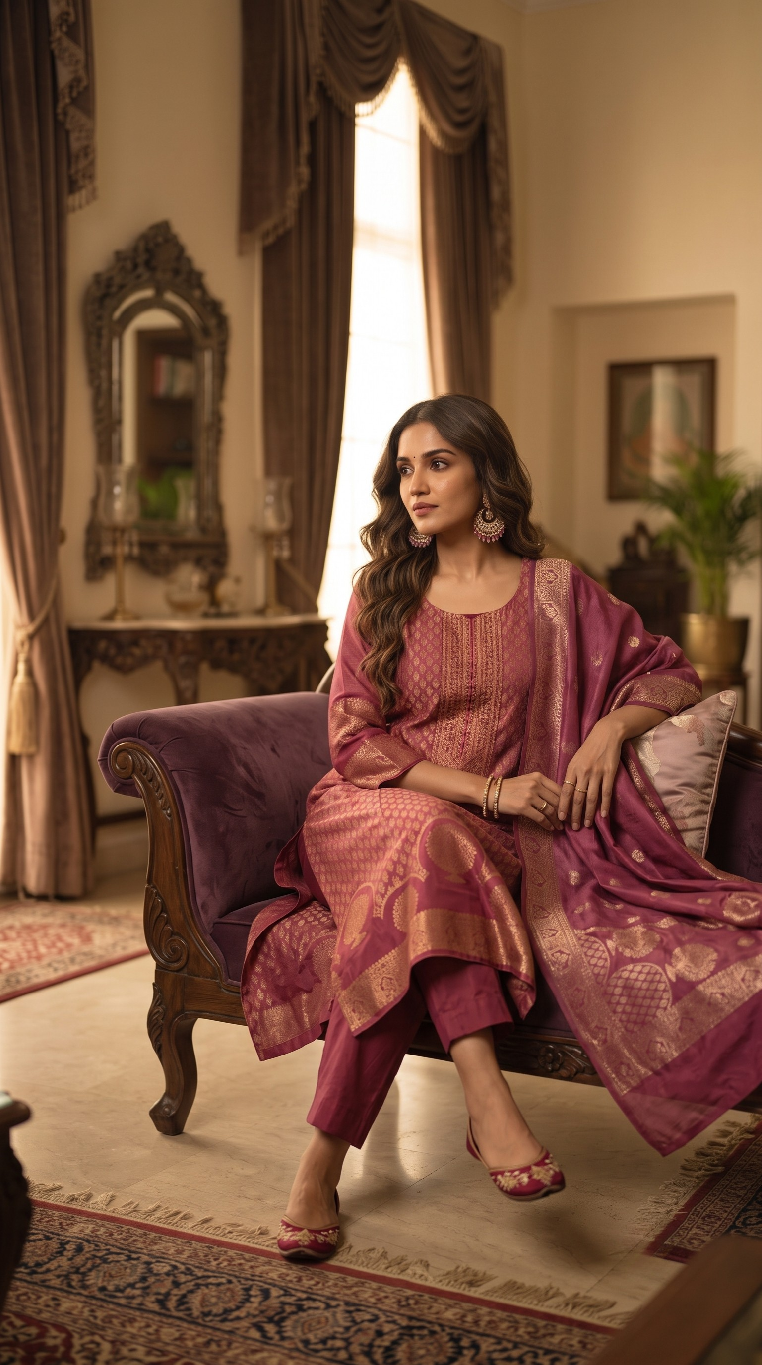 Magenta Banaras Silk Straight Cut Suit