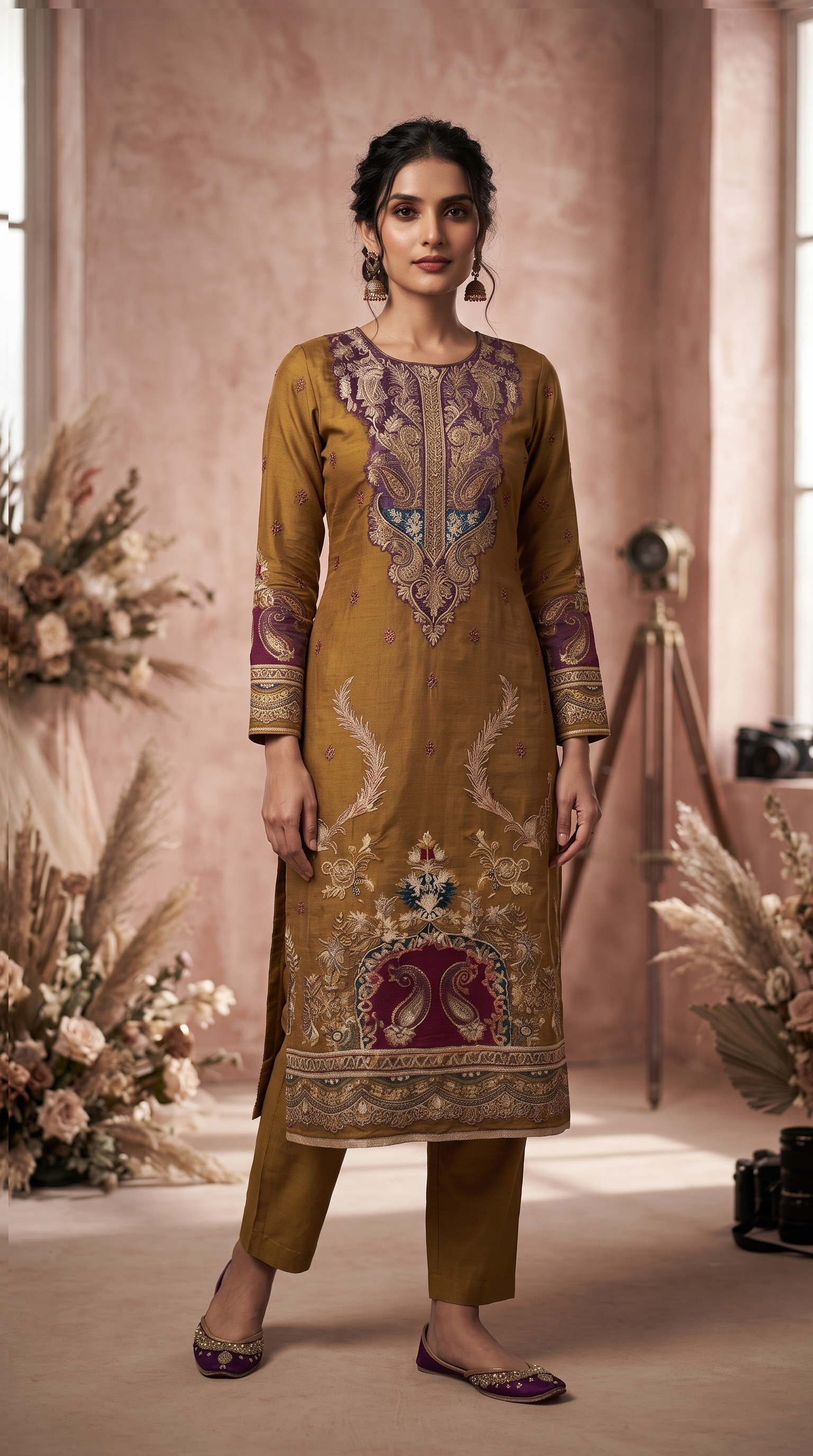 Mehendi Muslin Silk Dhoti Cut Suit