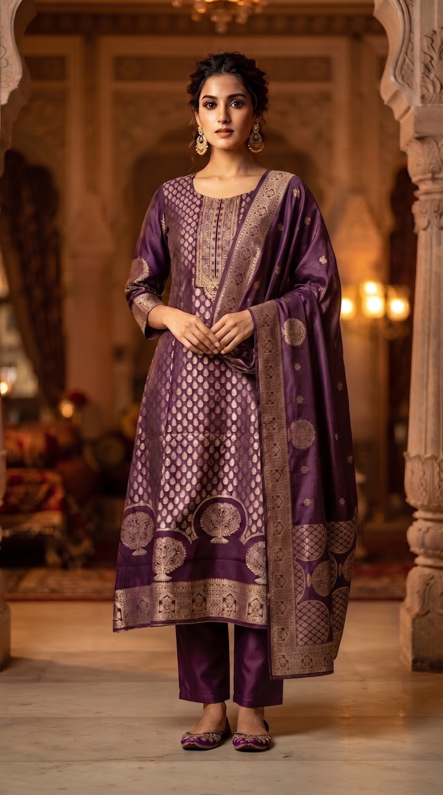 Purple Banaras Silk Straight Cut Suit