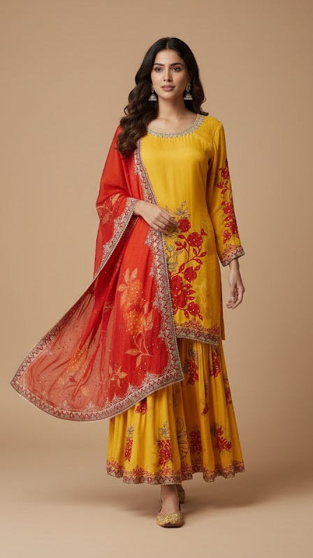 Mustard Scarlet Floral Sharara