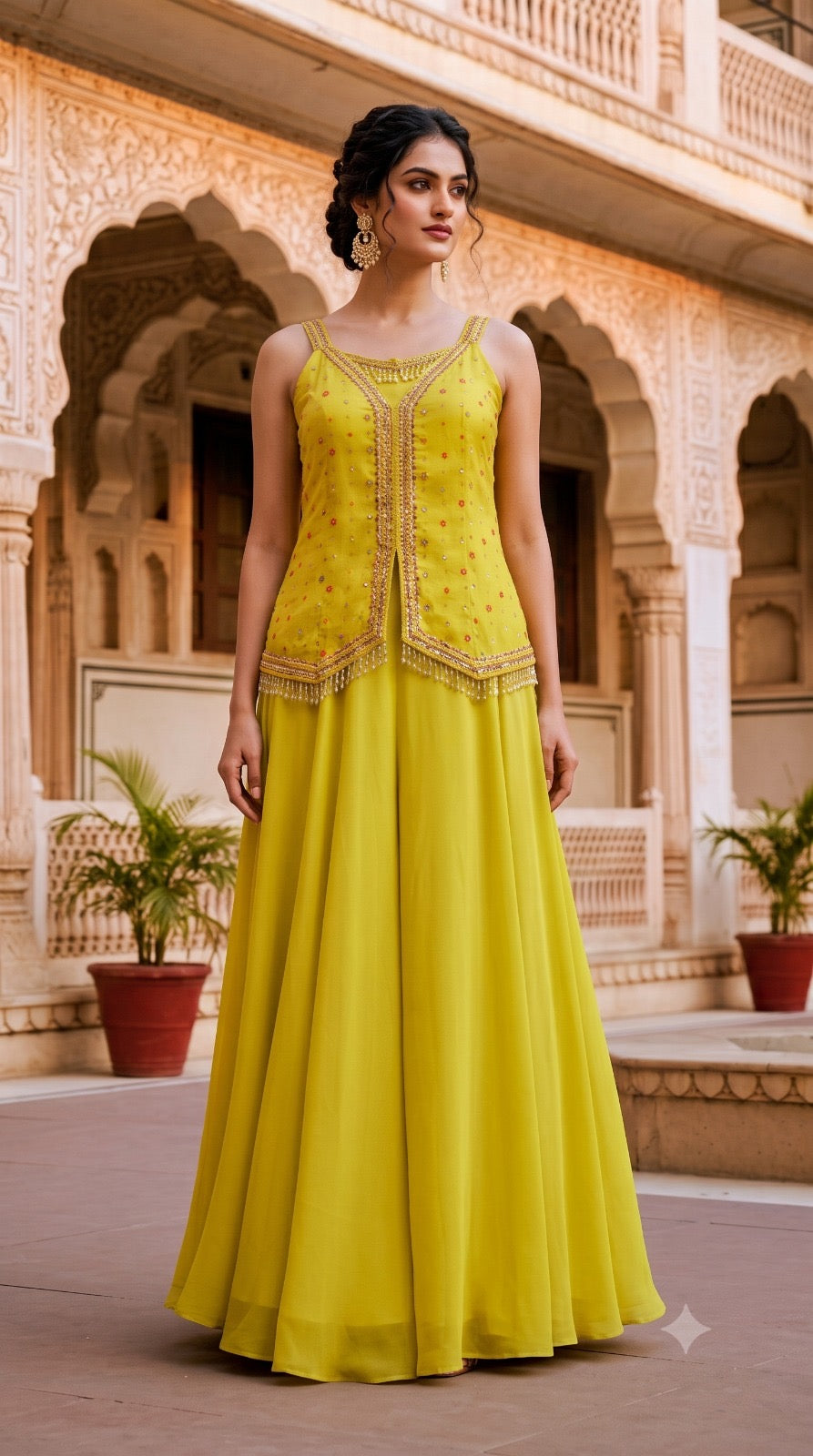 Yellow Chinon Silk Sharara Suit