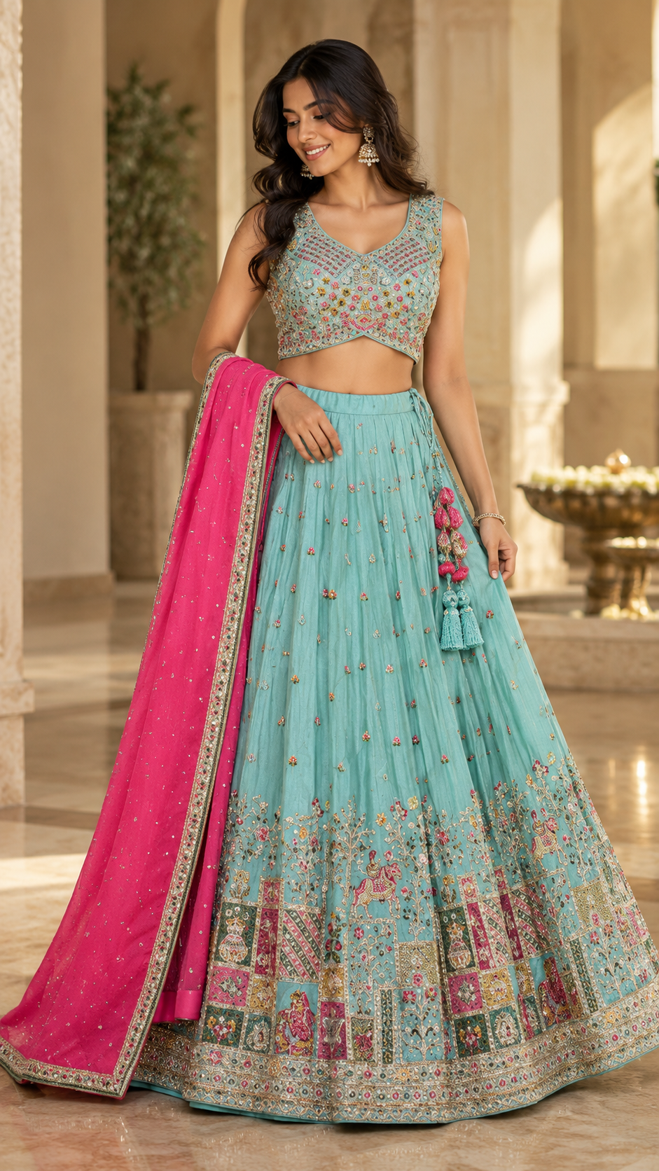 Aqua Blue Tissue Silk Croptop Lehenga