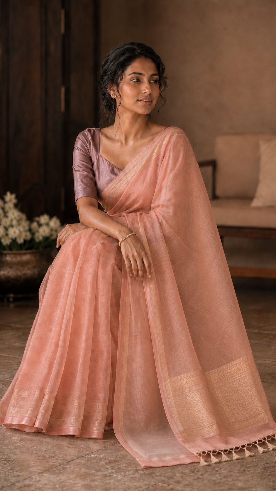 Peach Pink Kota Tissue Saree